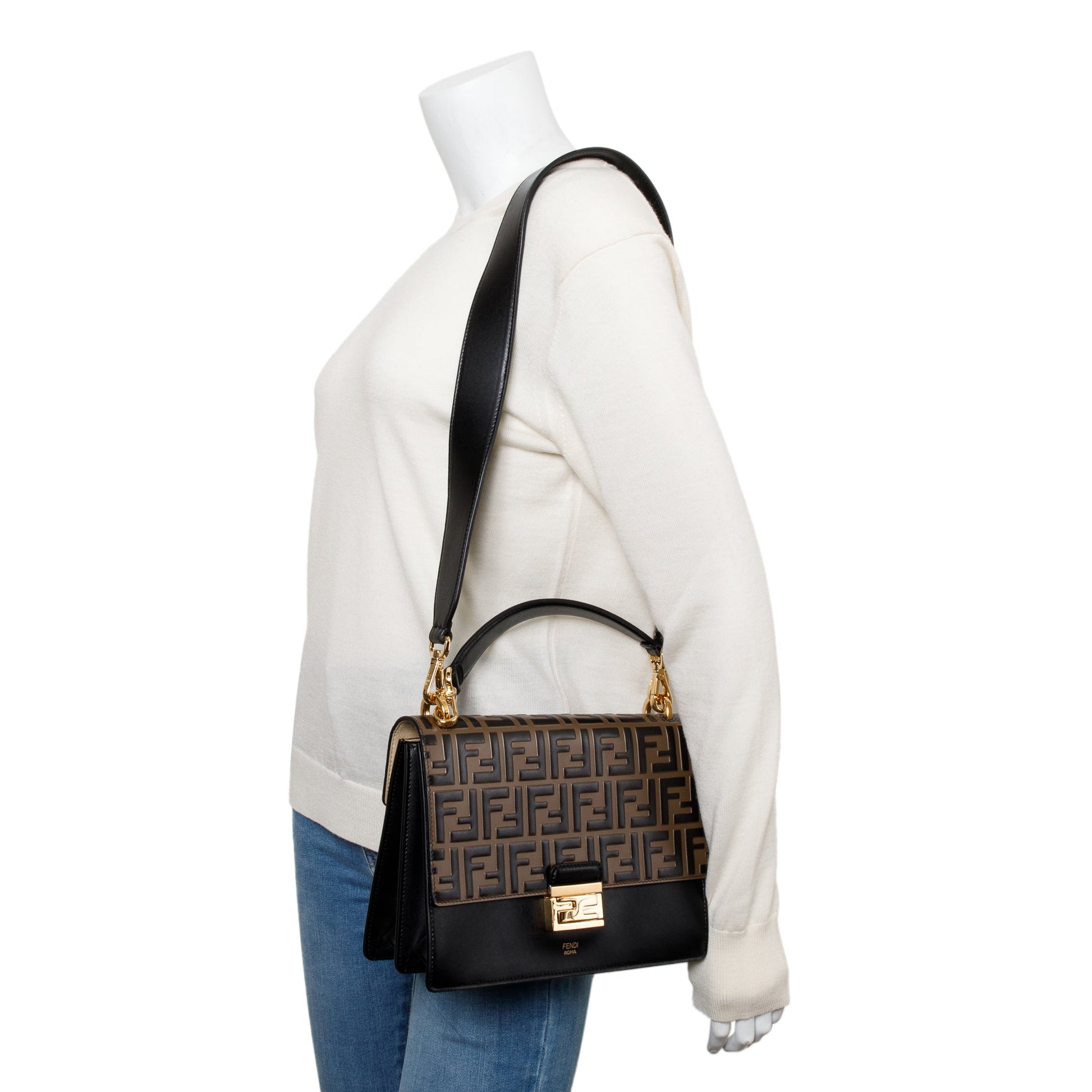 Fendi Ff Embossed Calfskin Kan Shoulder Bag Leather Black Straps 50950