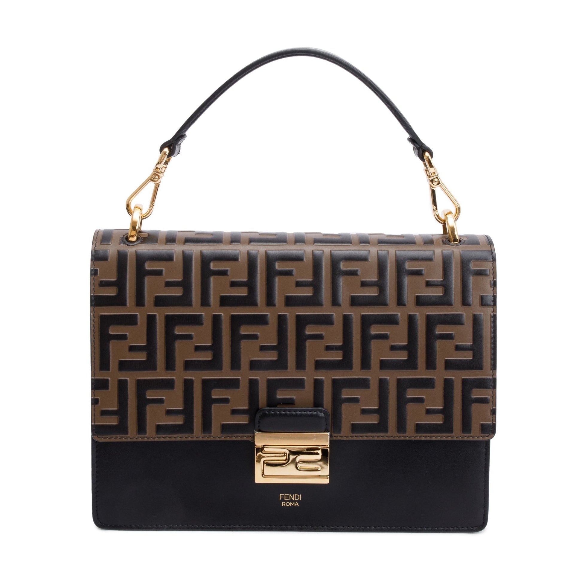 Fendi Ff Embossed Calfskin Kan Shoulder Bag Leather Black Straps 50950