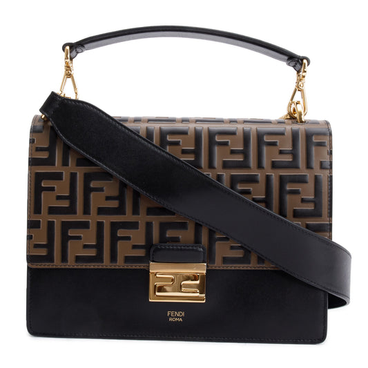 Fendi Ff Embossed Calfskin Kan Shoulder Bag Leather Black Straps 50950
