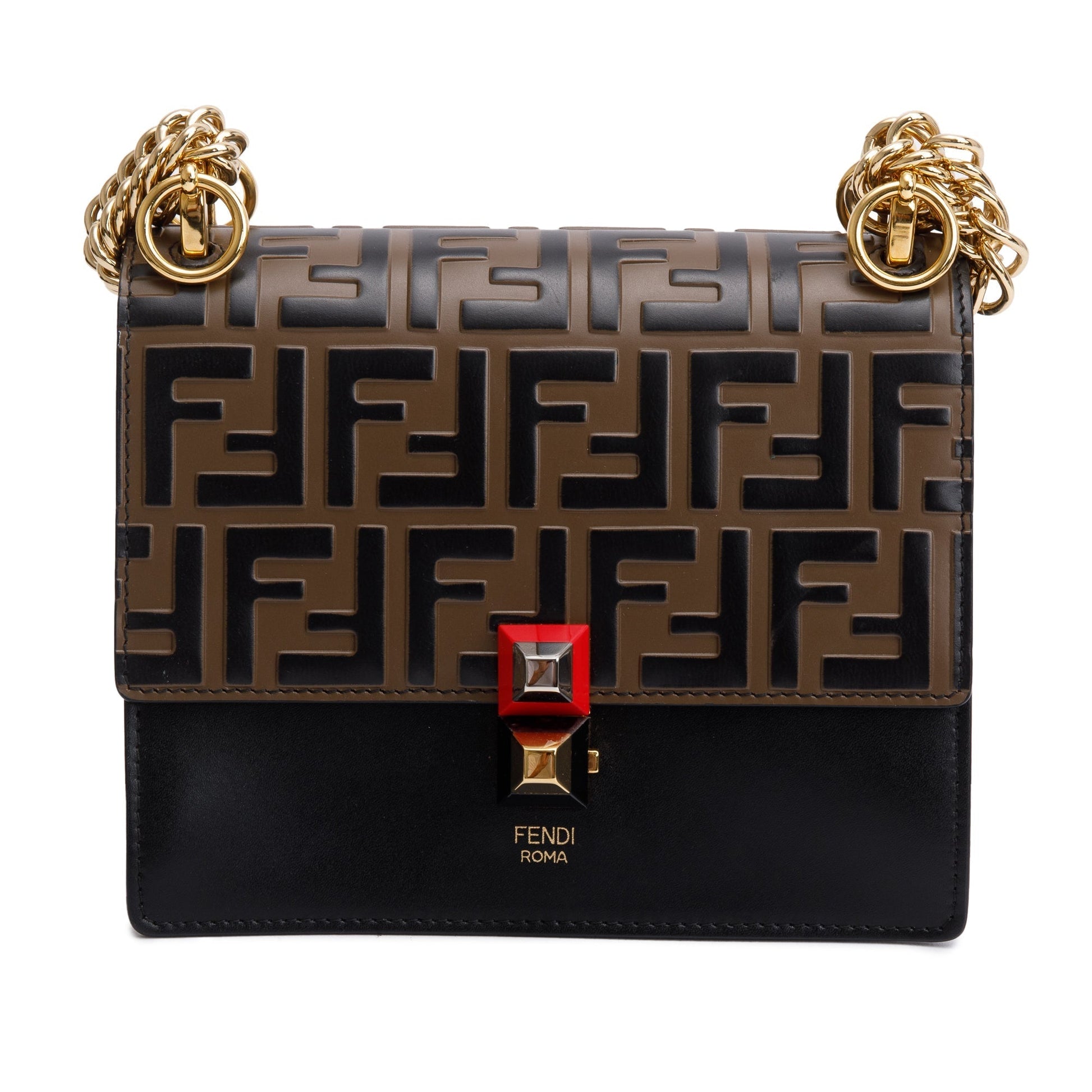 Fendi Ff Embossed Calfskin Kan Shoulder Bag Leather Black