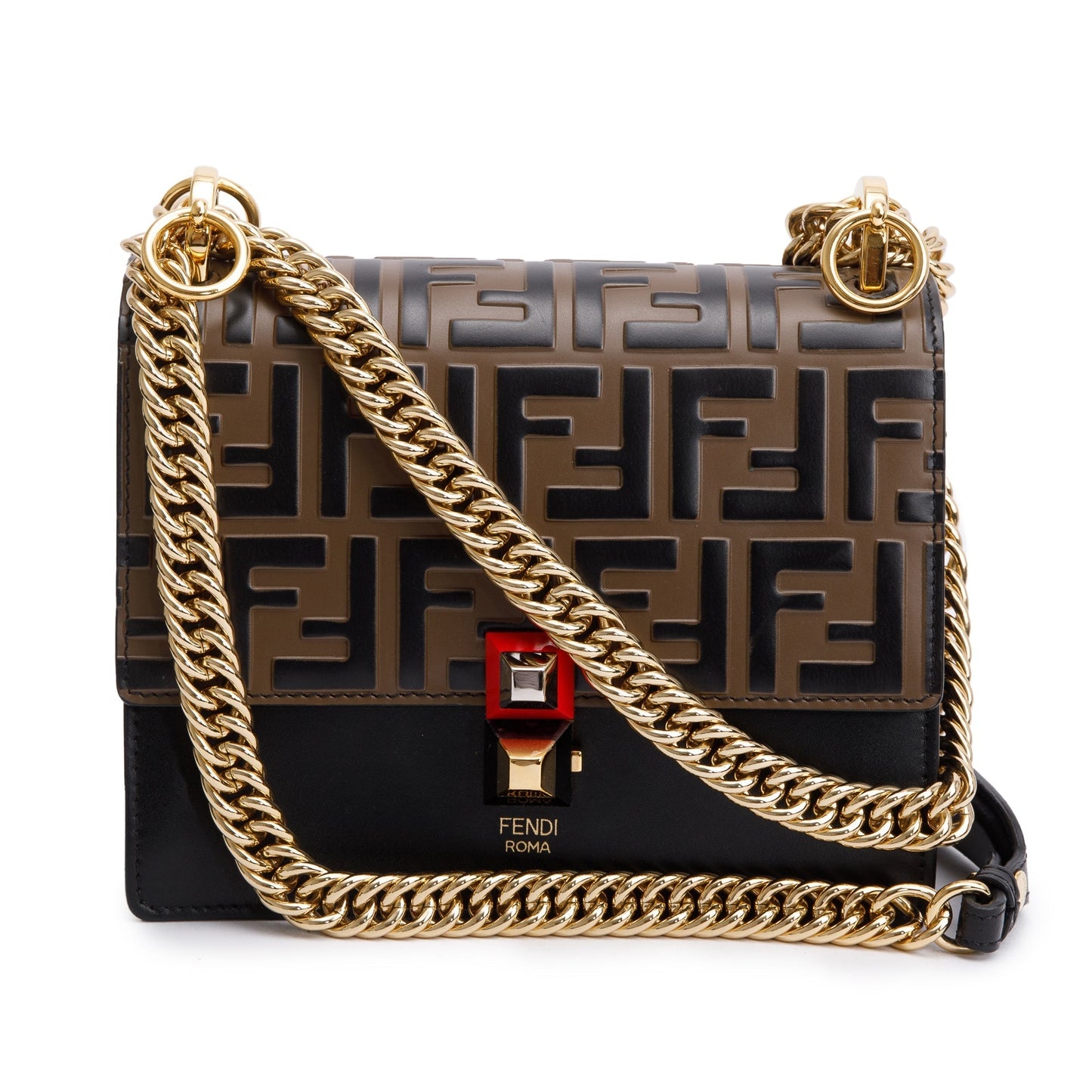 Fendi Ff Embossed Calfskin Kan Shoulder Bag Leather Black