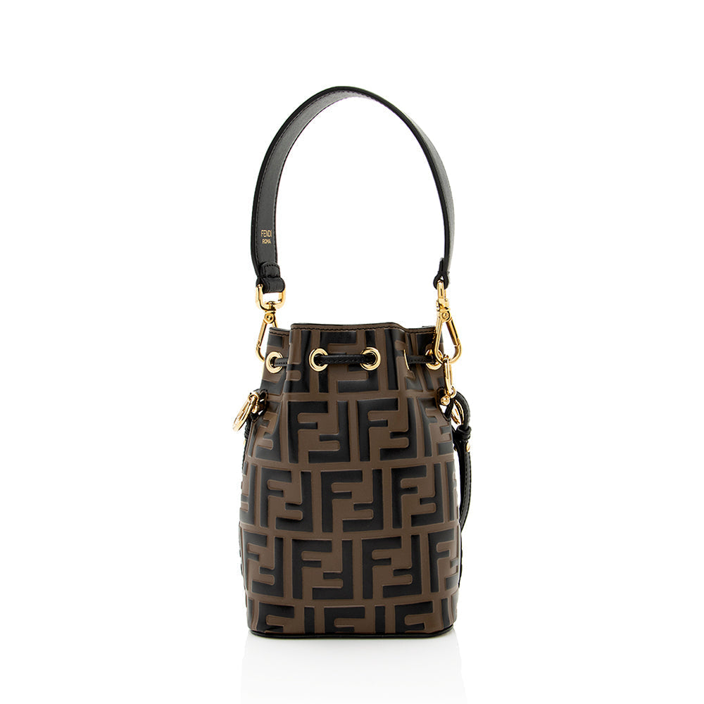 Fendi Ff Calfskin Mon Tresor Bag Shf Mini Embossed Bucket Crossbody Bag