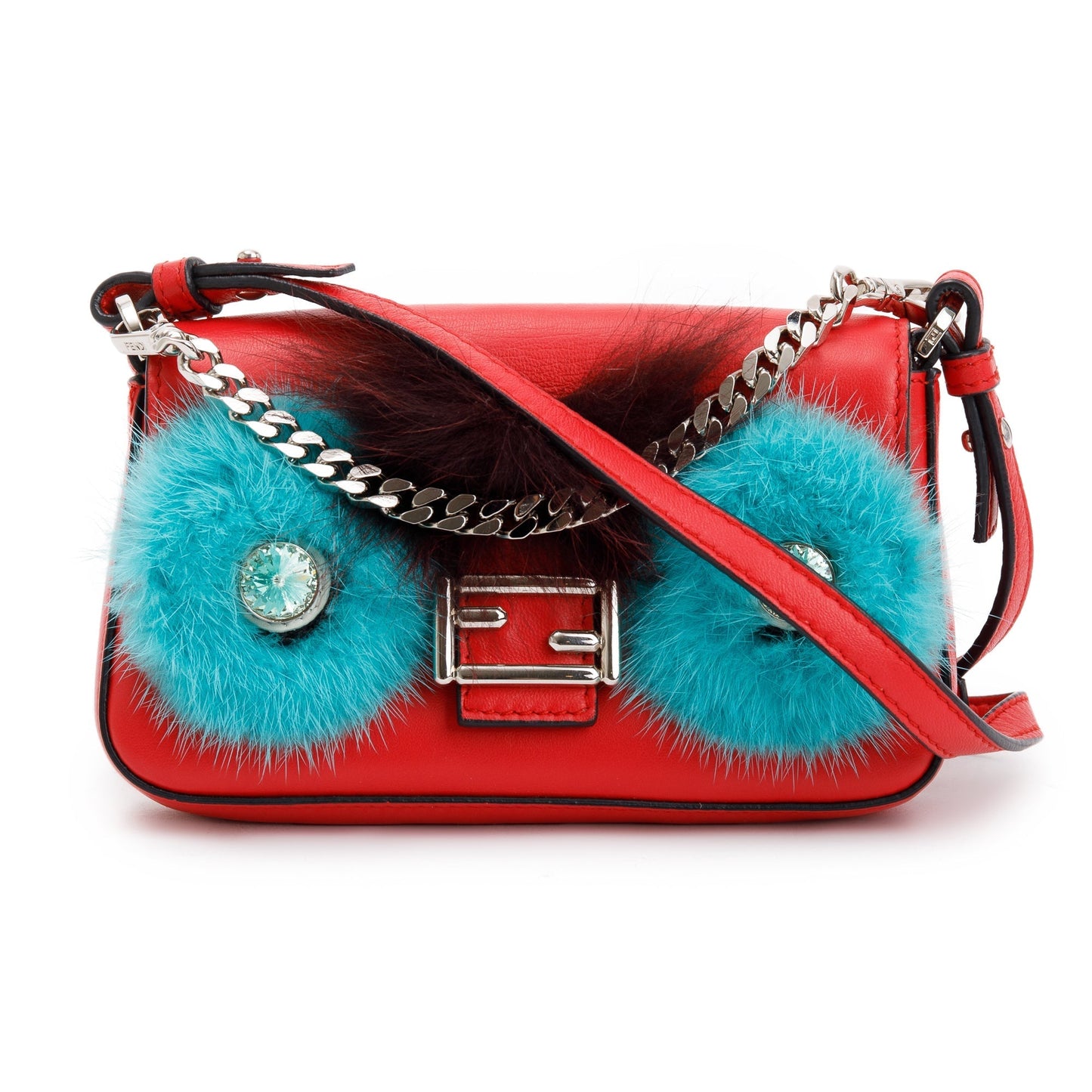 Fendi Fur Trimmed Calfskin Micro Buggie Baguette Crossbody Leather Red Crossbody Bag