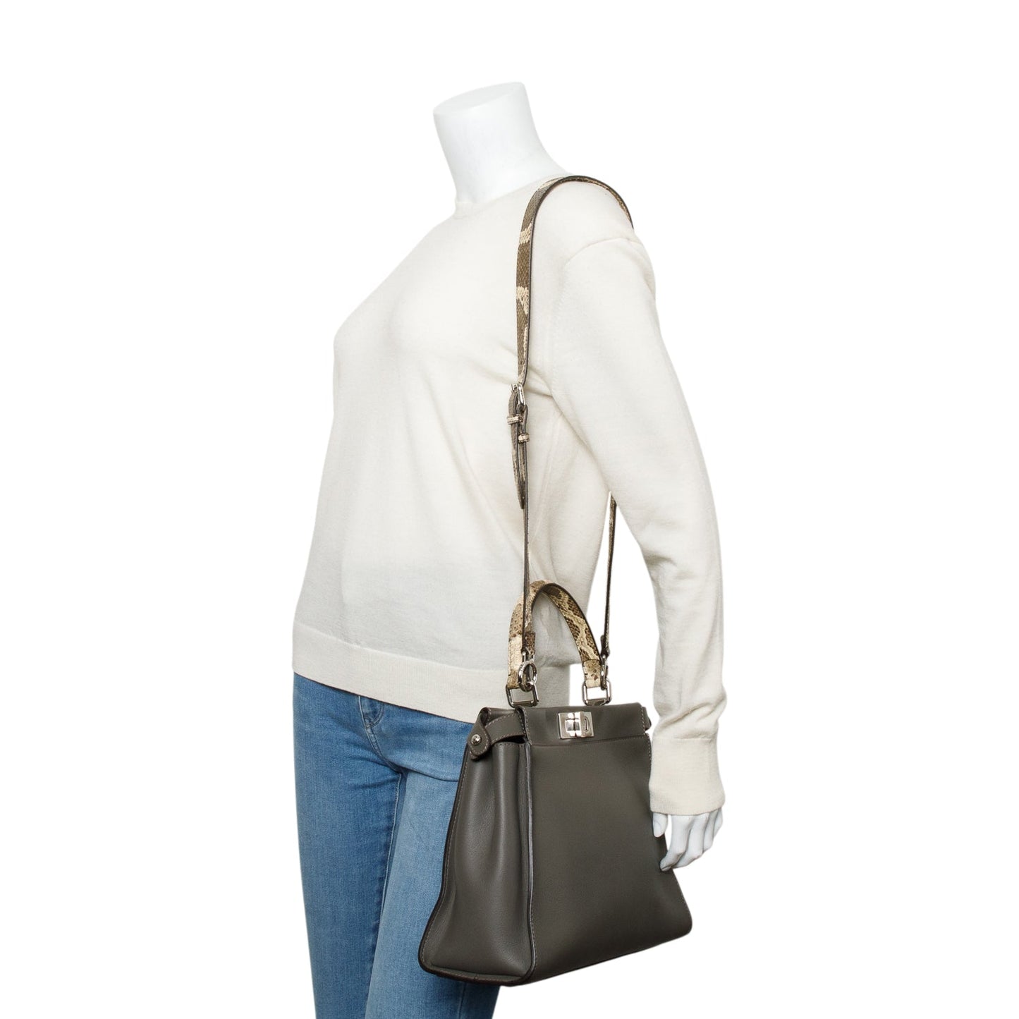 Fendi Grey Calfskin Python Trim Peekaboo Bag Leather Medium Travel Bag