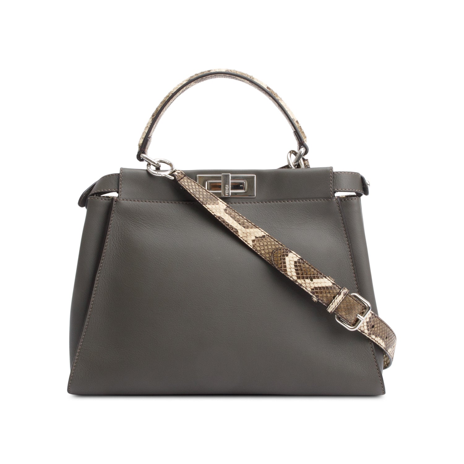 Fendi Grey Calfskin Python Trim Peekaboo Bag Leather Medium Travel Bag