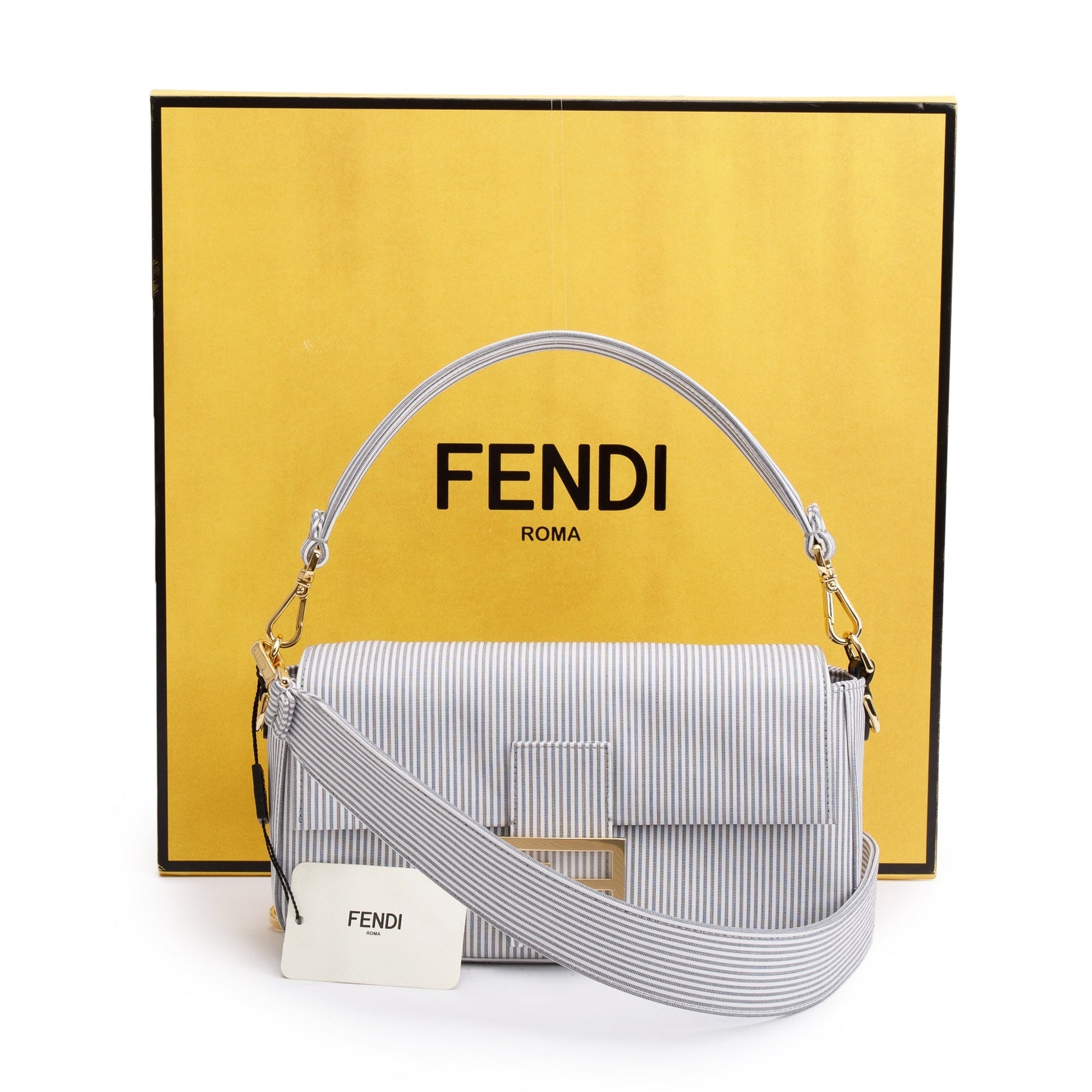 Fendi Grey Striped Cotton Cuoio Betagna Baguette Grigio White Shoulder Bag
