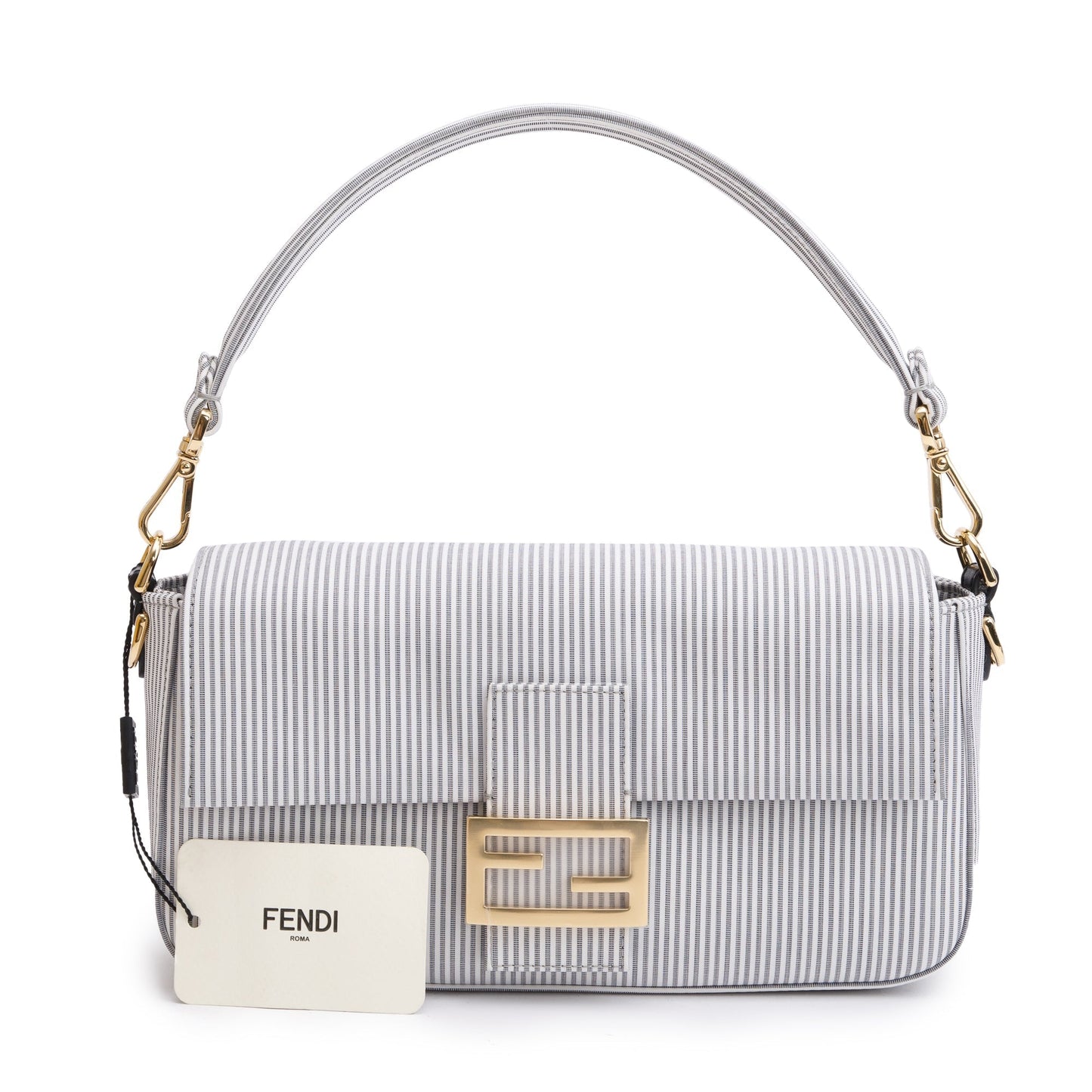 Fendi Grey Striped Cotton Cuoio Betagna Baguette Grigio White Shoulder Bag