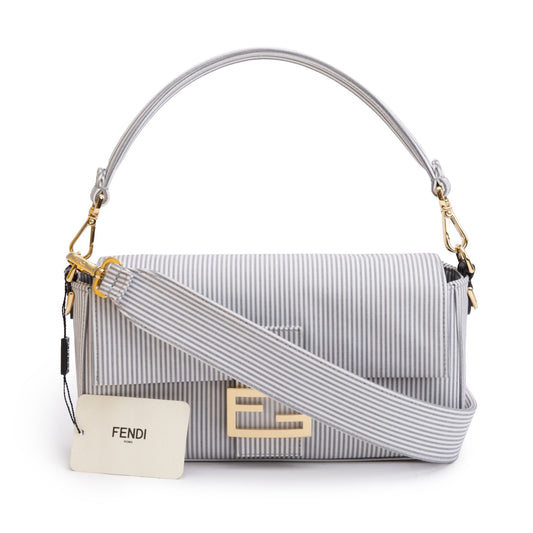 Fendi Grey Striped Cotton Cuoio Betagna Baguette Grigio White Shoulder Bag