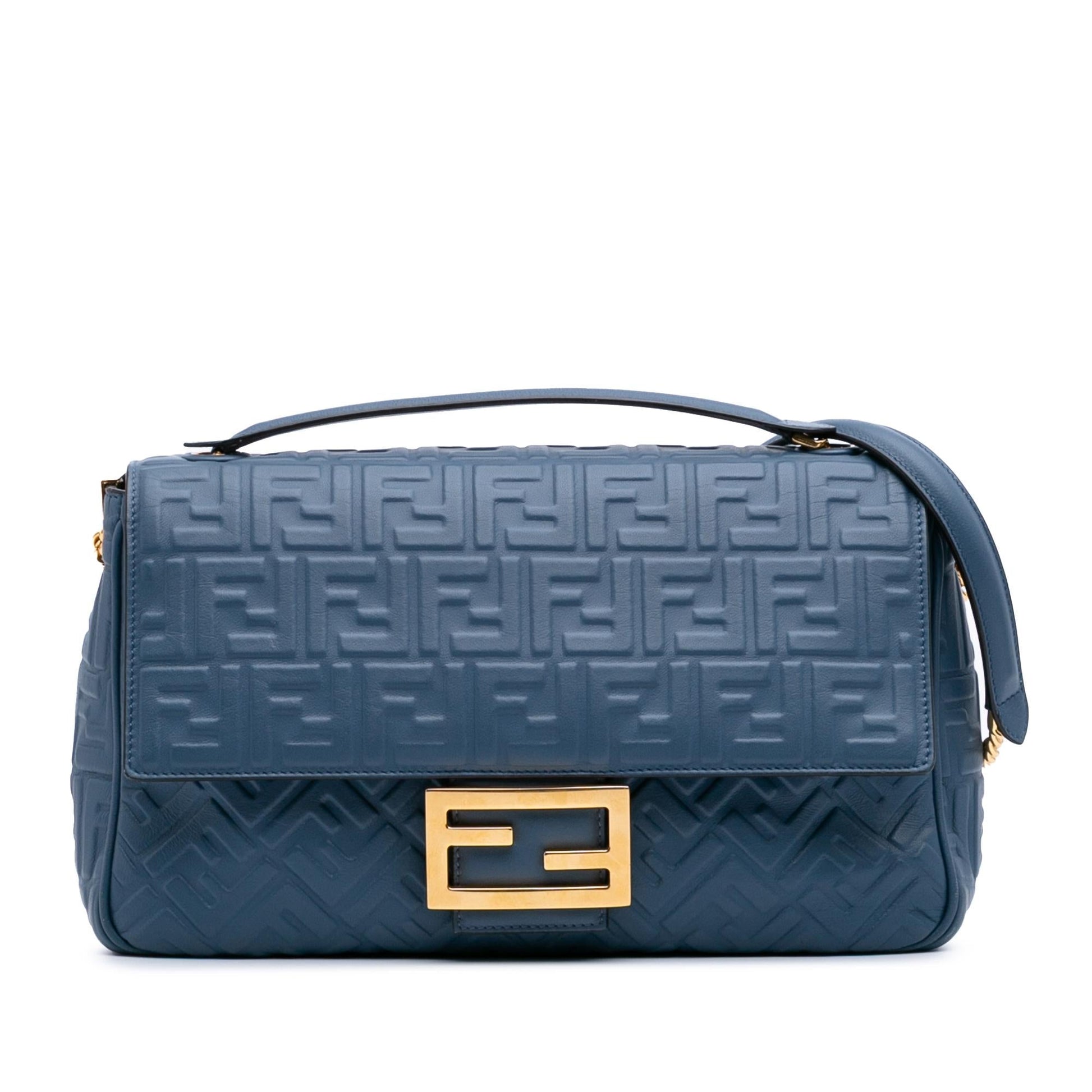 Fendi Zucca Baguette Shoulder Bag Leather Large Embossed