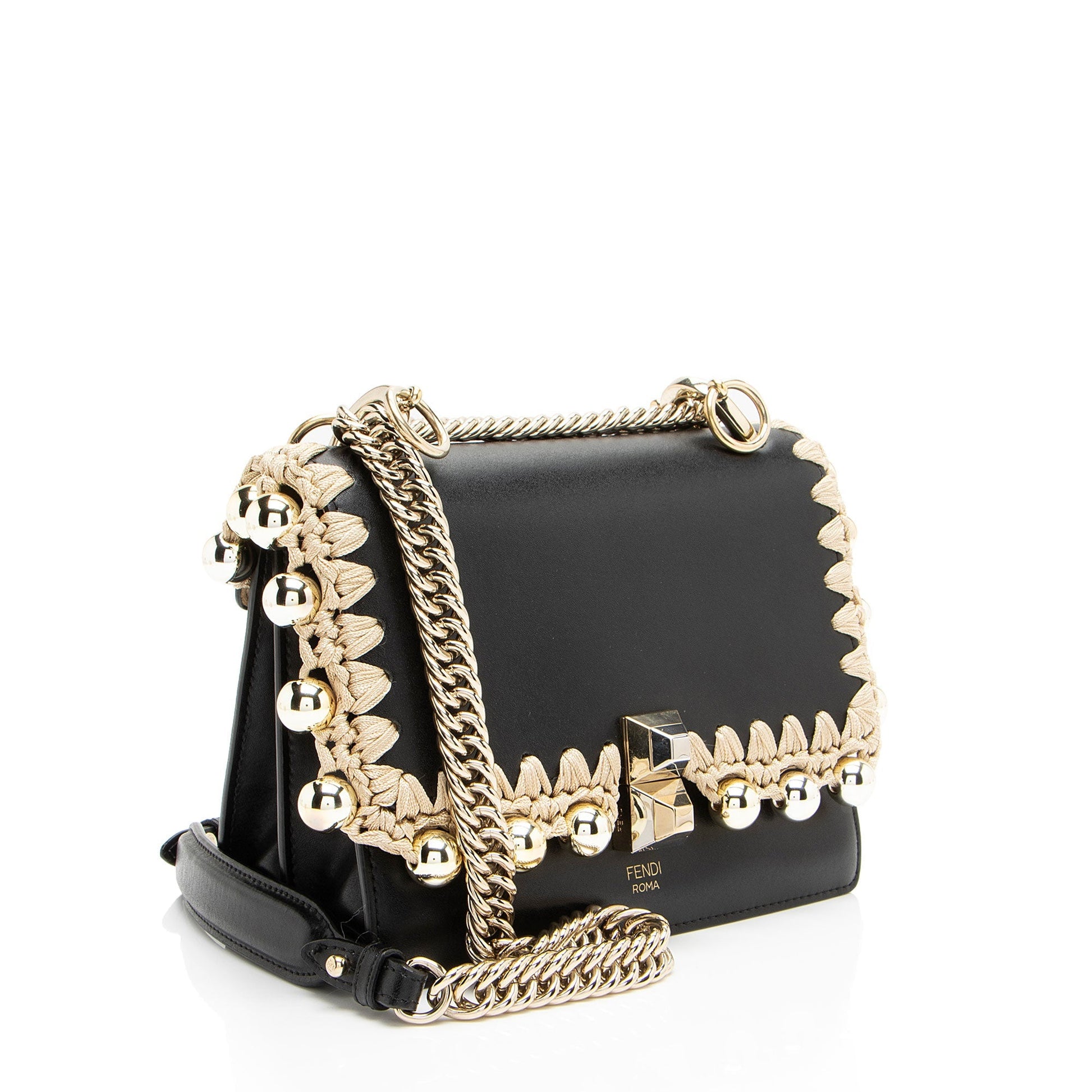 Fendi Ribbon Pearl Lace Up Liberty Kan Shoulder Bag Leather Small