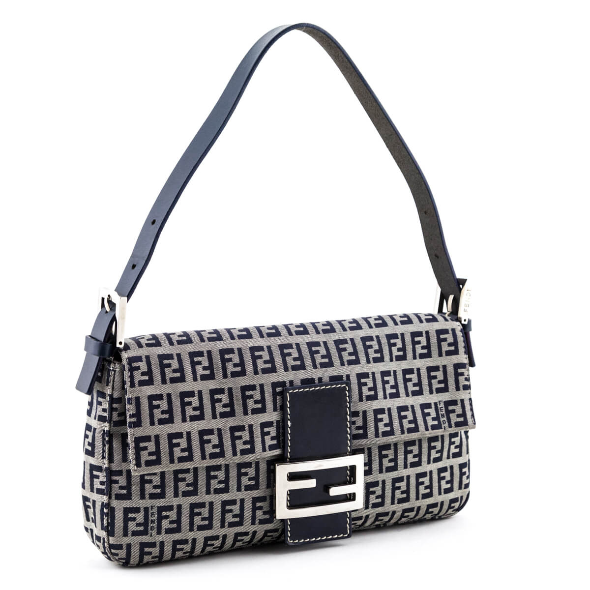 Fendi Zucchino Baguette Handbag Navy Shoulder Bag