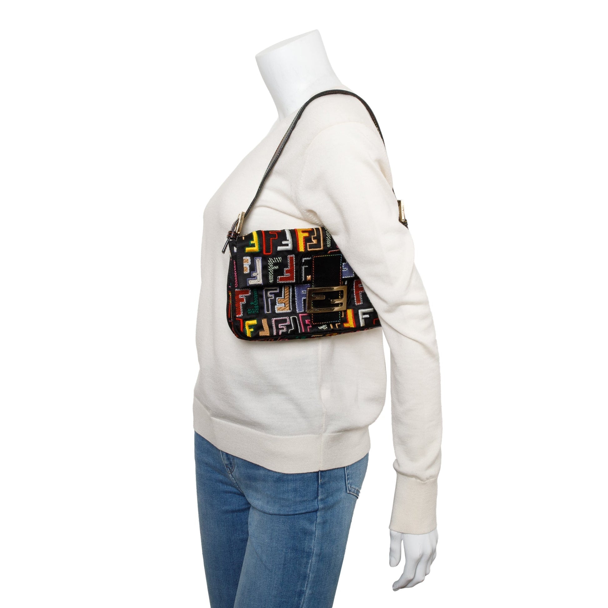 Fendi Multicolor Embroidered Ff Zucca Trim Baguette Bag Leather Satin Travel Bag