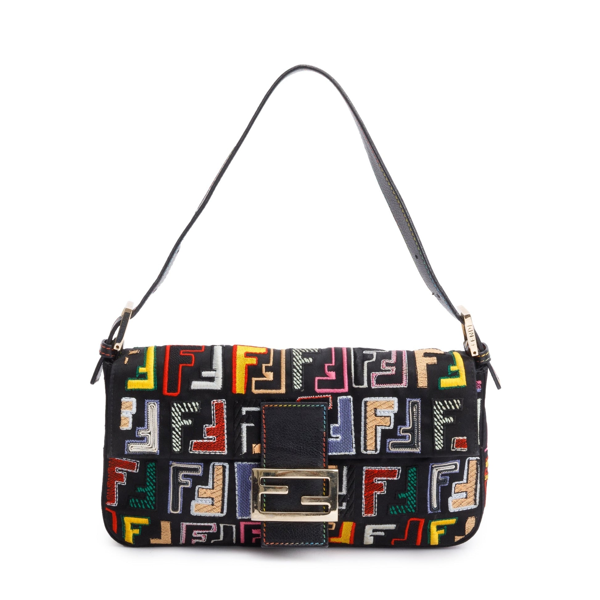 Fendi Multicolor Embroidered Ff Zucca Trim Baguette Bag Leather Satin Travel Bag