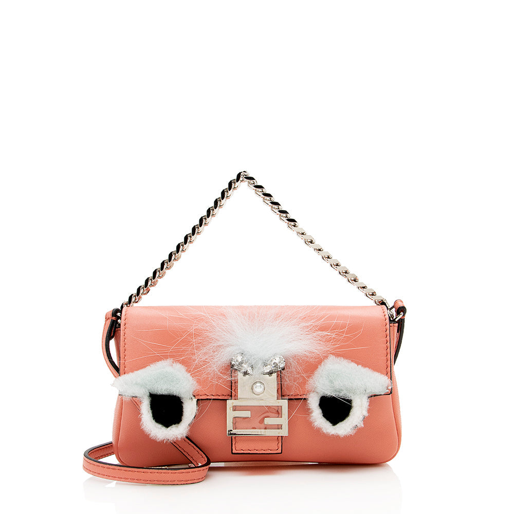 Fendi Nappa Fox Fur Crystal Buggie Baguette Bag Shf Leather Micro Shoulder Bag