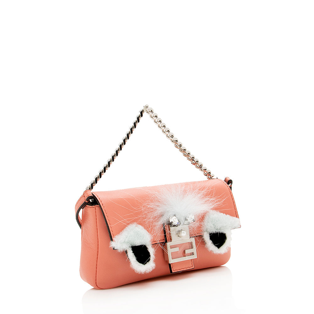 Fendi Nappa Fox Fur Crystal Buggie Baguette Bag Shf Leather Micro Shoulder Bag