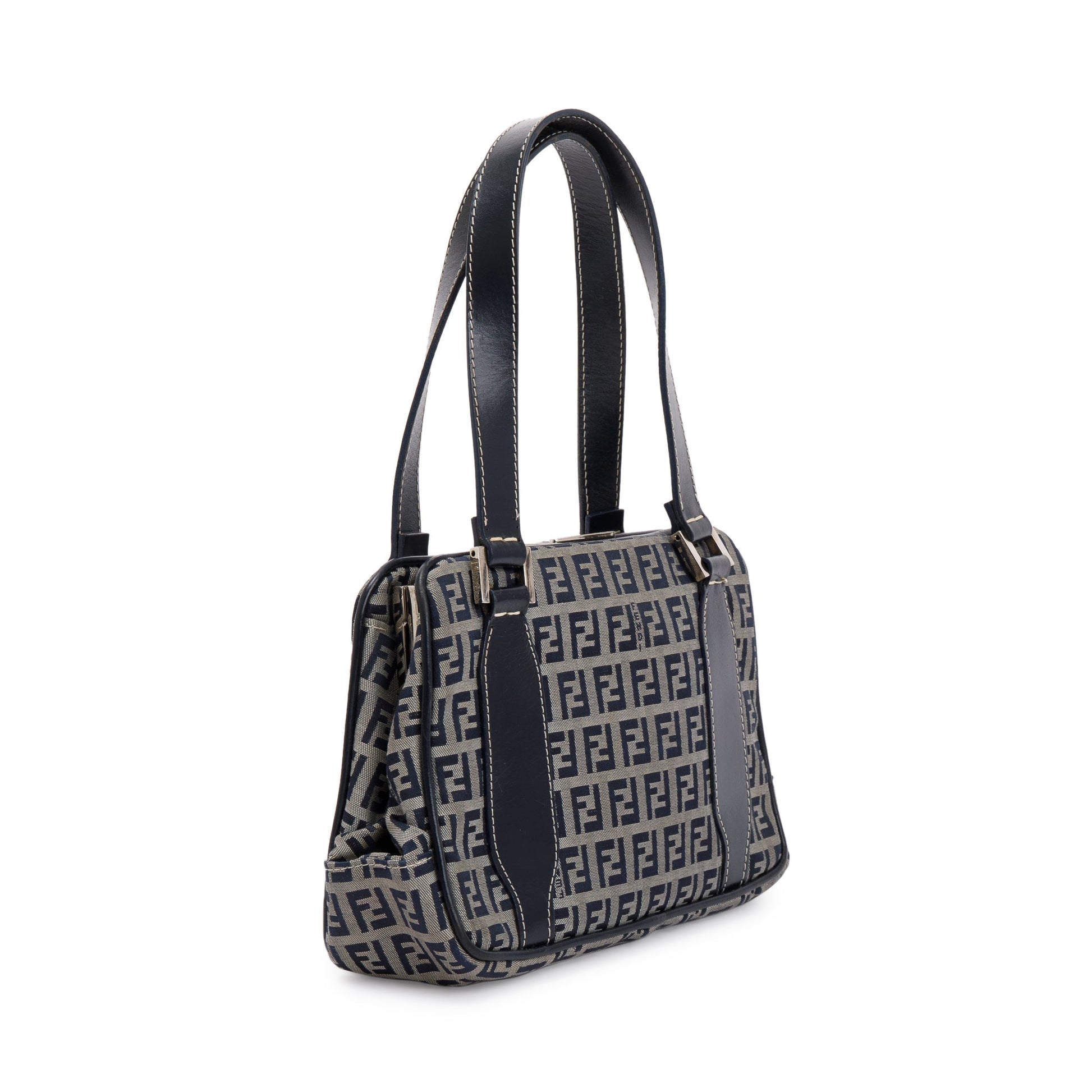 Fendi Navy Ff Zucchino Trimmed Tote Leather Canvas Tote Bag