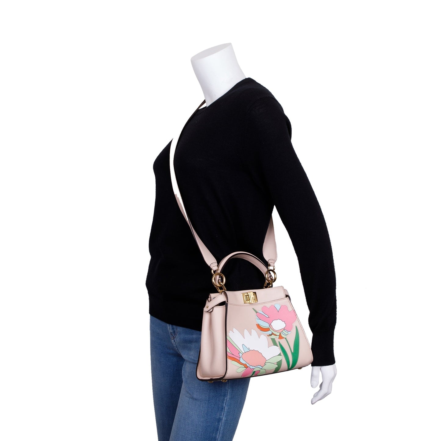 Fendi Neutral Calfskin Floral Inlay Peekaboo Bag Leather Mini Travel Bag