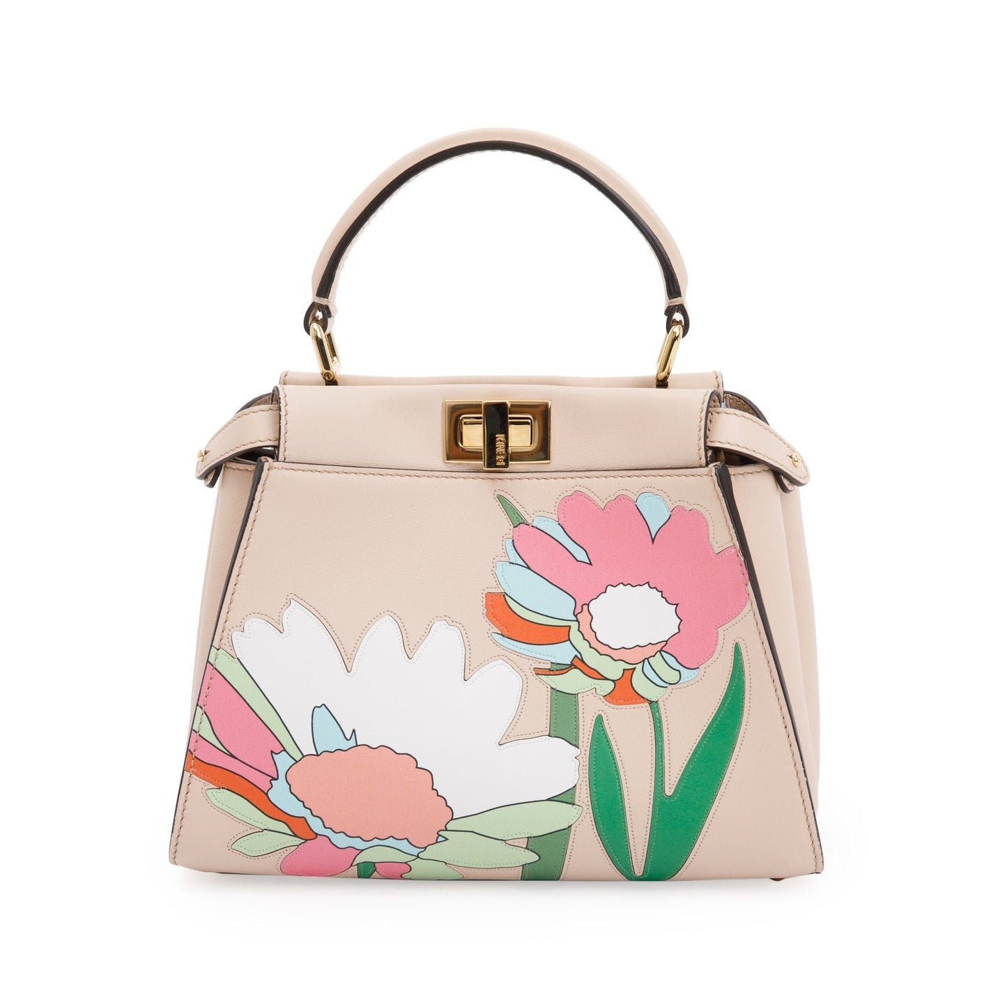 Fendi Neutral Calfskin Floral Inlay Peekaboo Bag Leather Mini Travel Bag