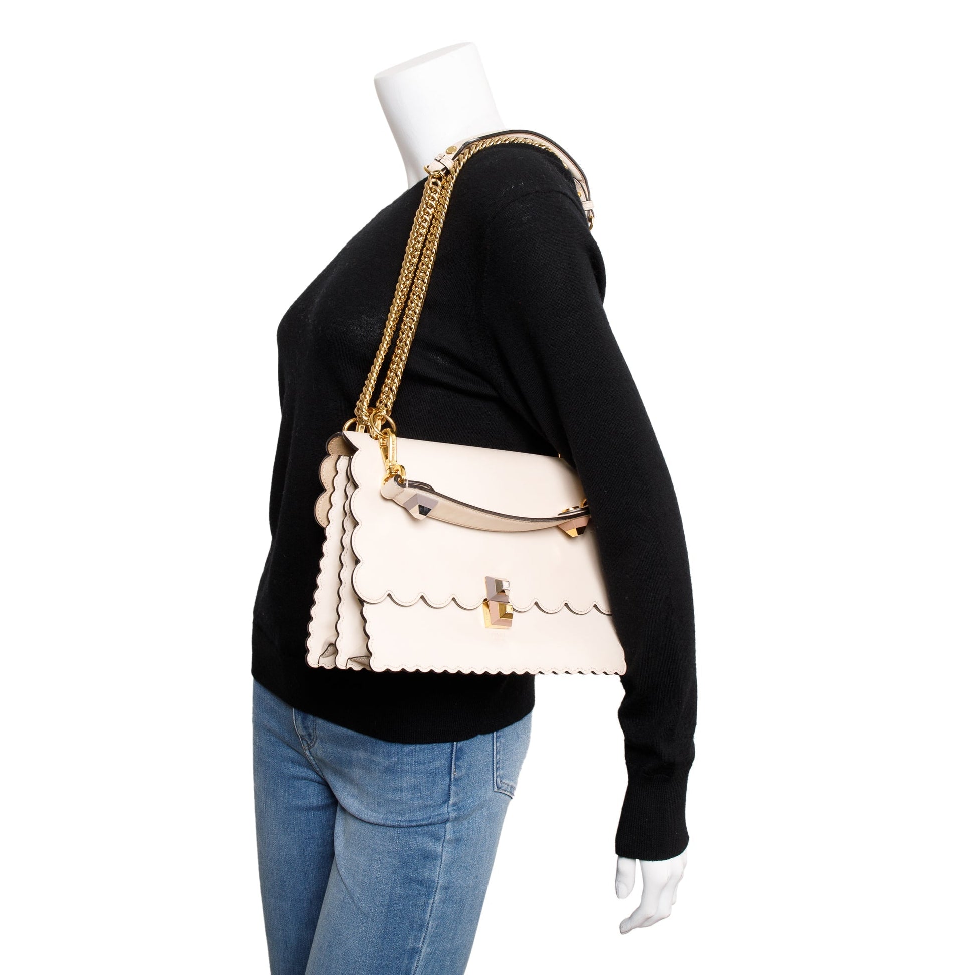 Fendi Neutral Calfskin Scalloped Studded Kan Shoulder Bag Leather