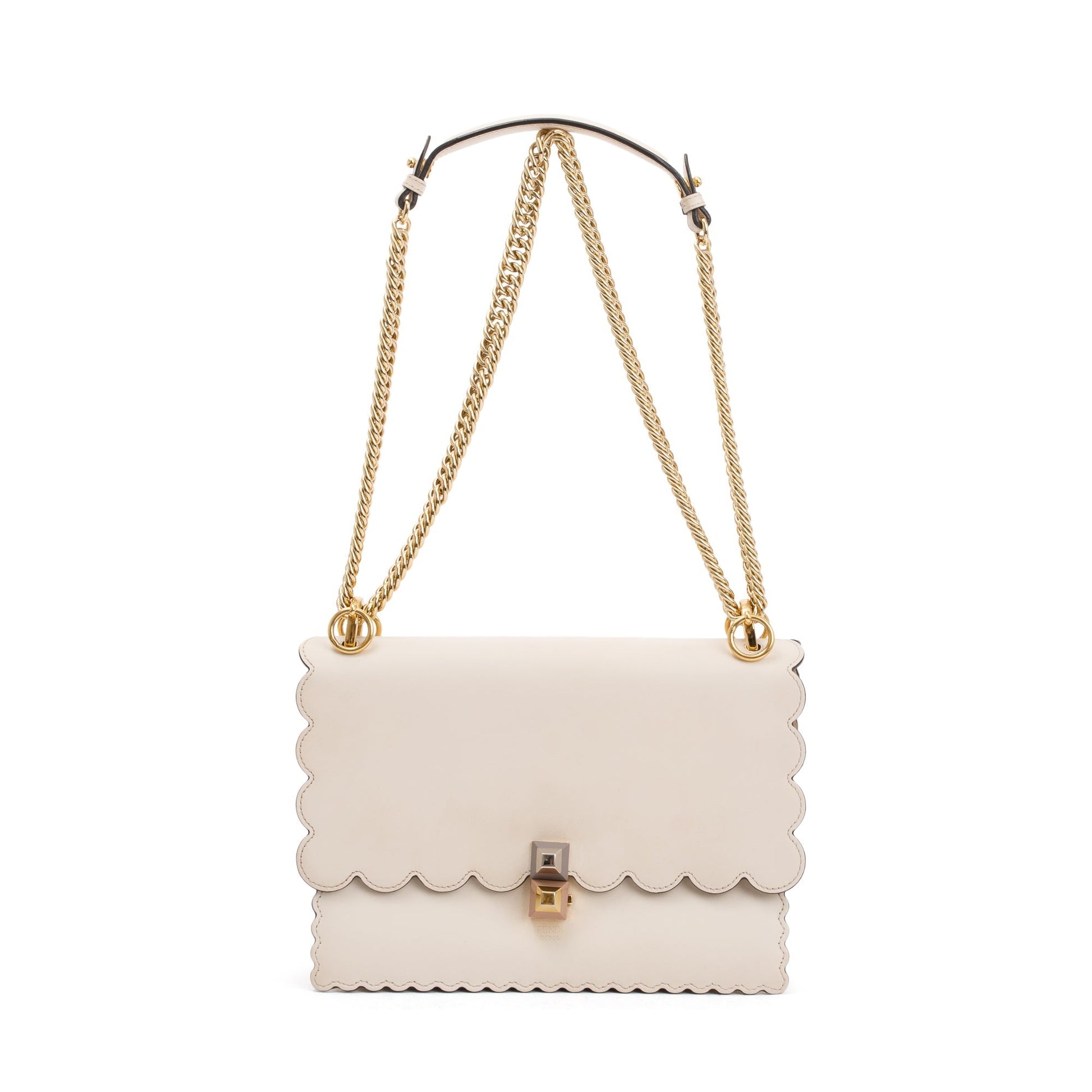 Fendi Neutral Calfskin Scalloped Studded Kan Shoulder Bag Leather