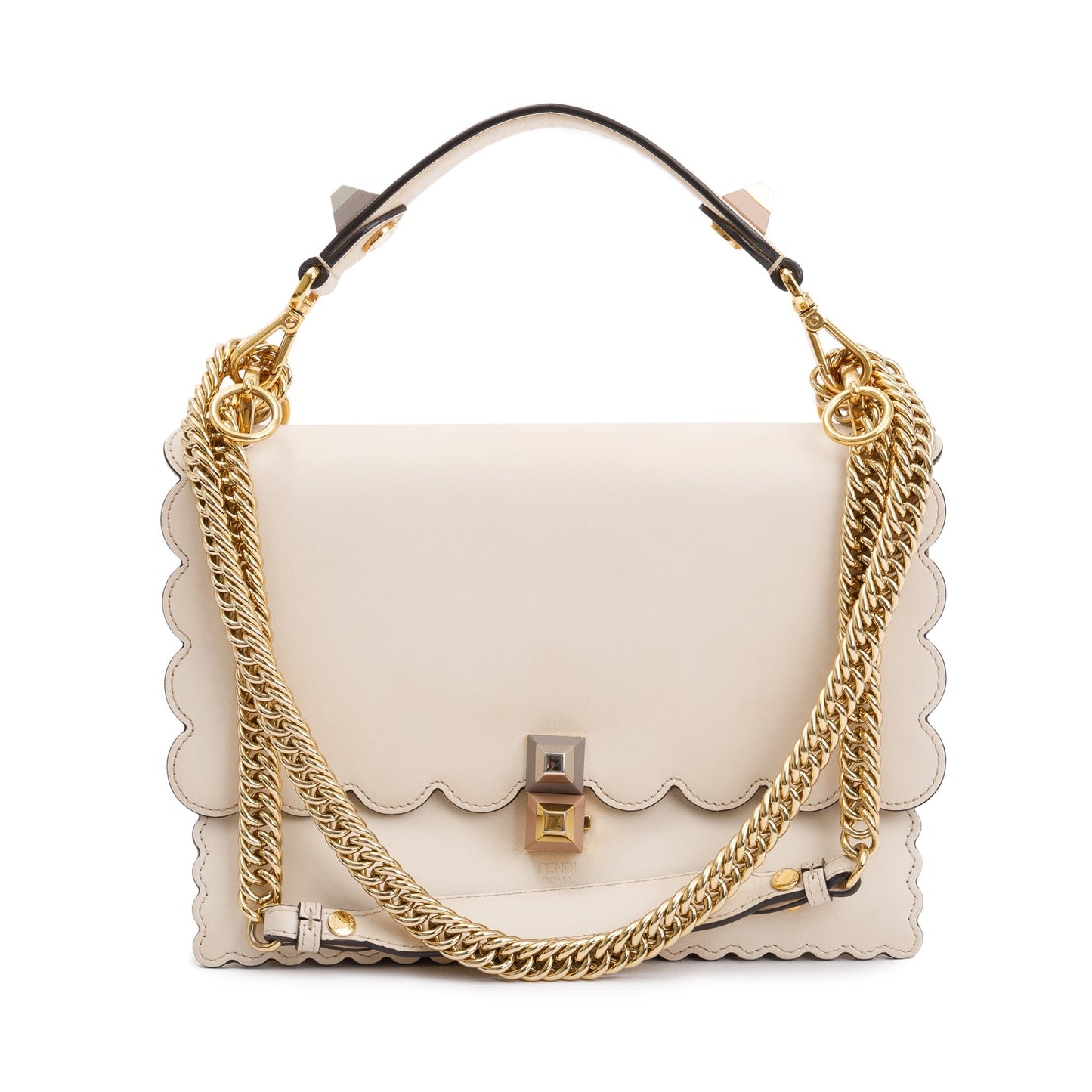 Fendi Neutral Calfskin Scalloped Studded Kan Shoulder Bag Leather
