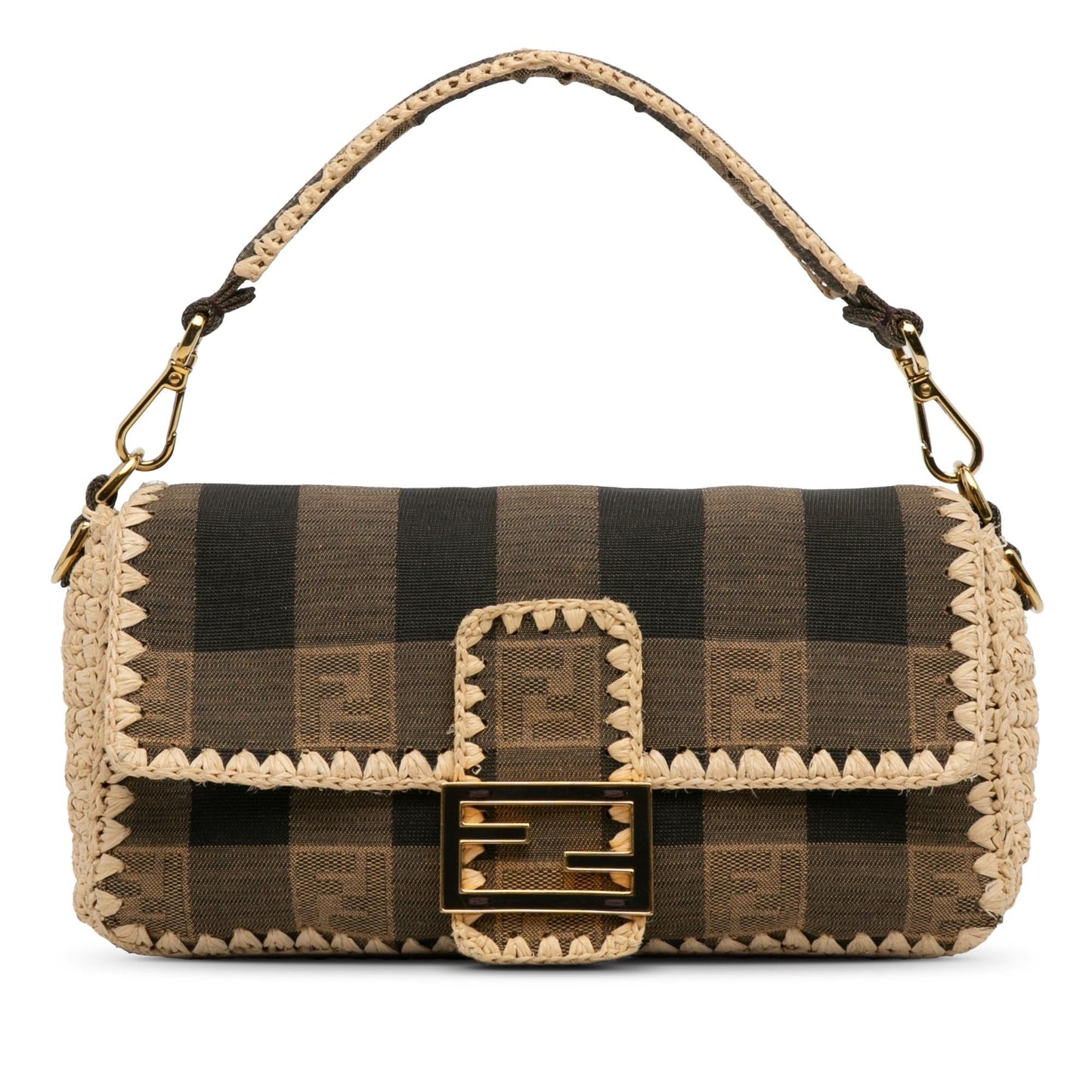 Fendi Pequin And Mamma Baguette Shg G32Sbg Satchel Bag Canvas Raffia