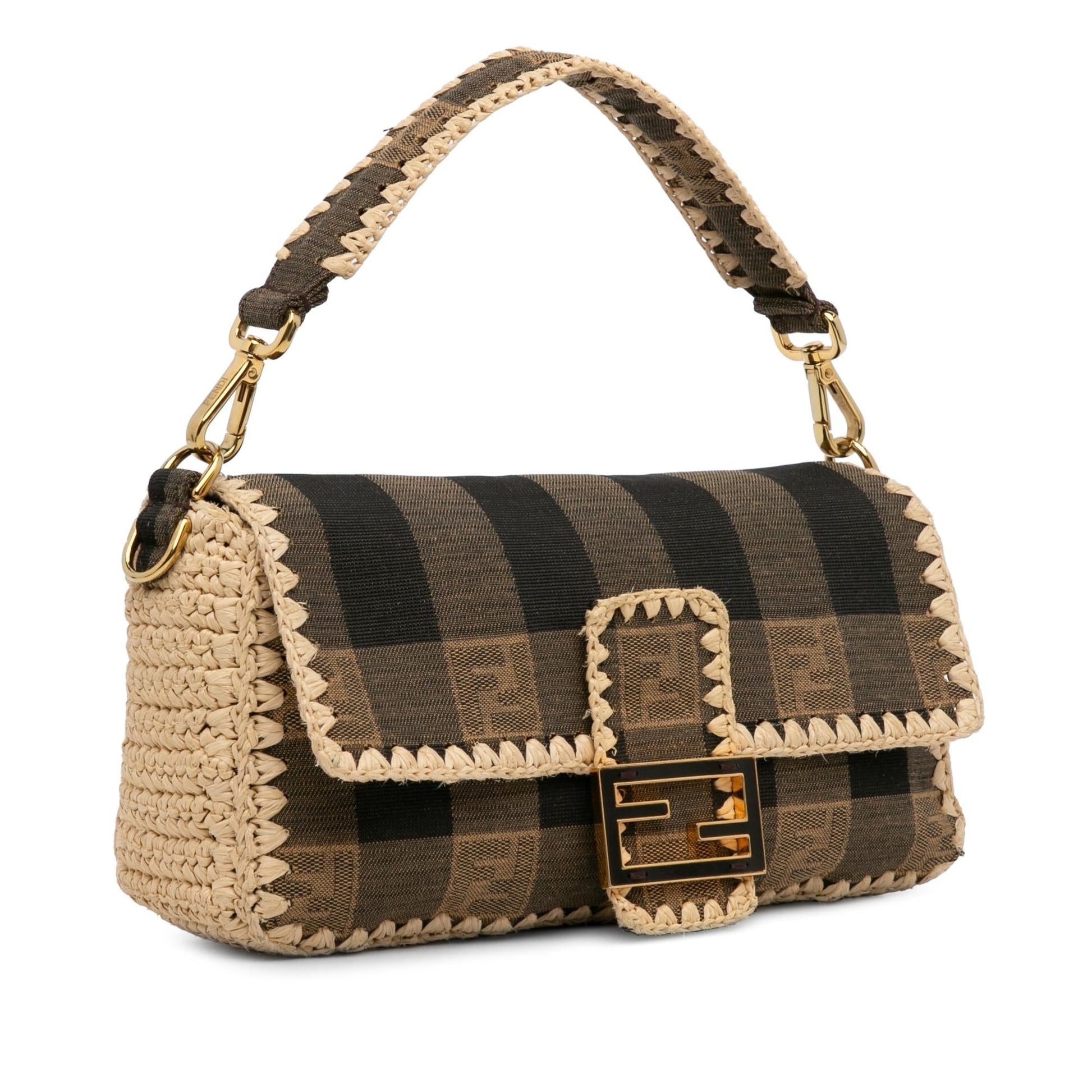 Fendi Pequin And Mamma Baguette Shg G32Sbg Satchel Bag Canvas Raffia