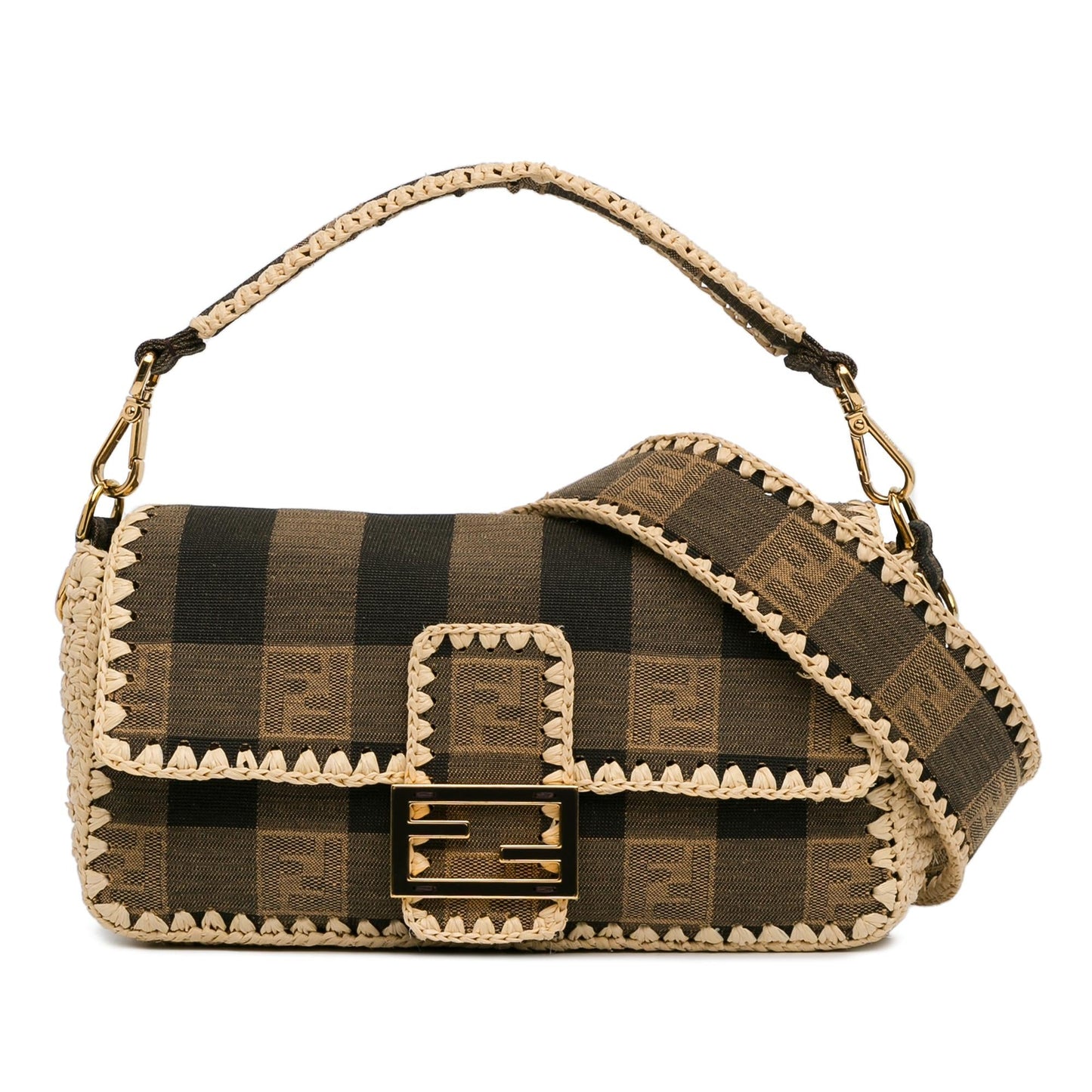 Fendi Pequin And Mamma Baguette Shg Satchel Bag Canvas Raffia
