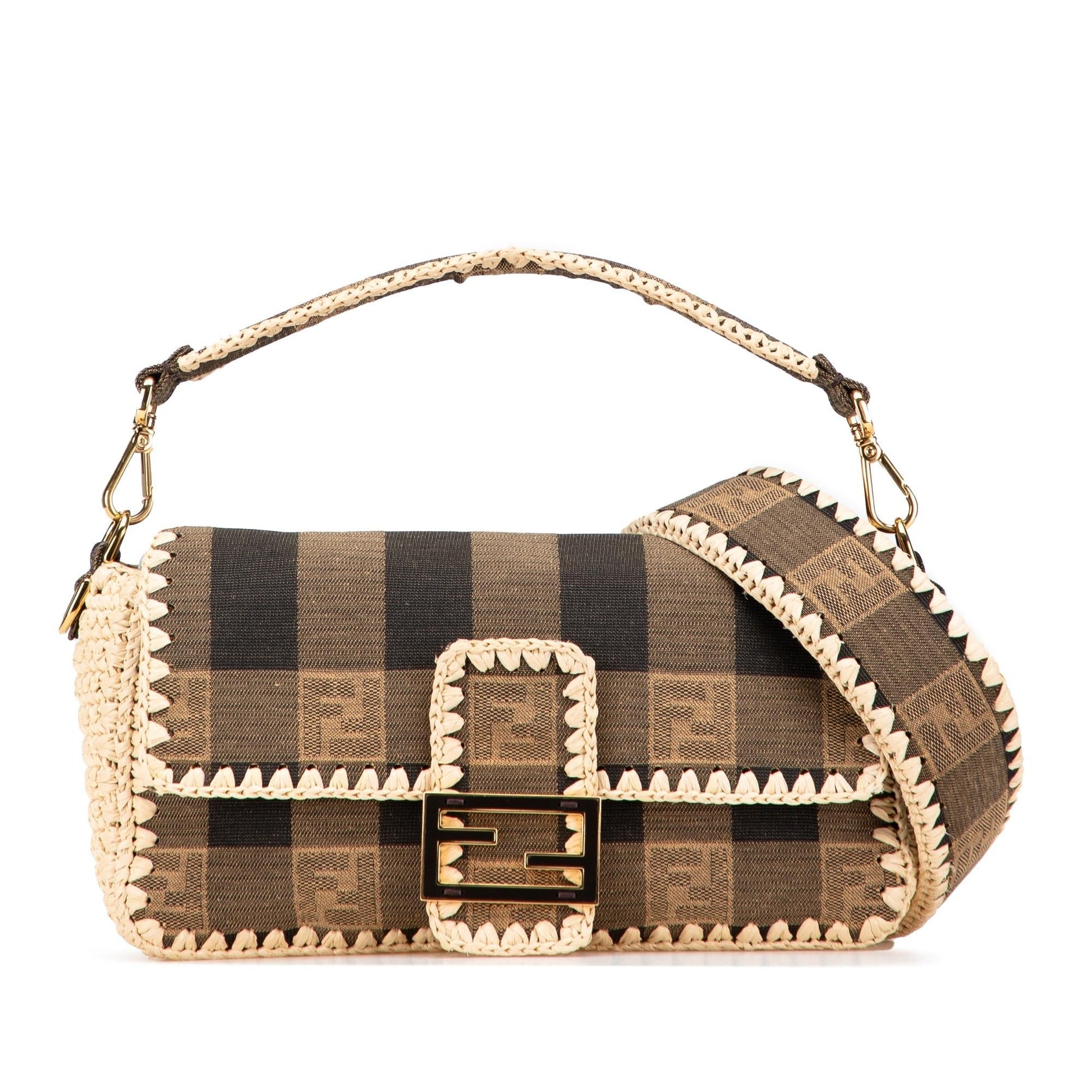 Fendi Pequin Gingham And Baguette Satchel Canvas Raffia Satchel Bag Raffia Baguette Satchel