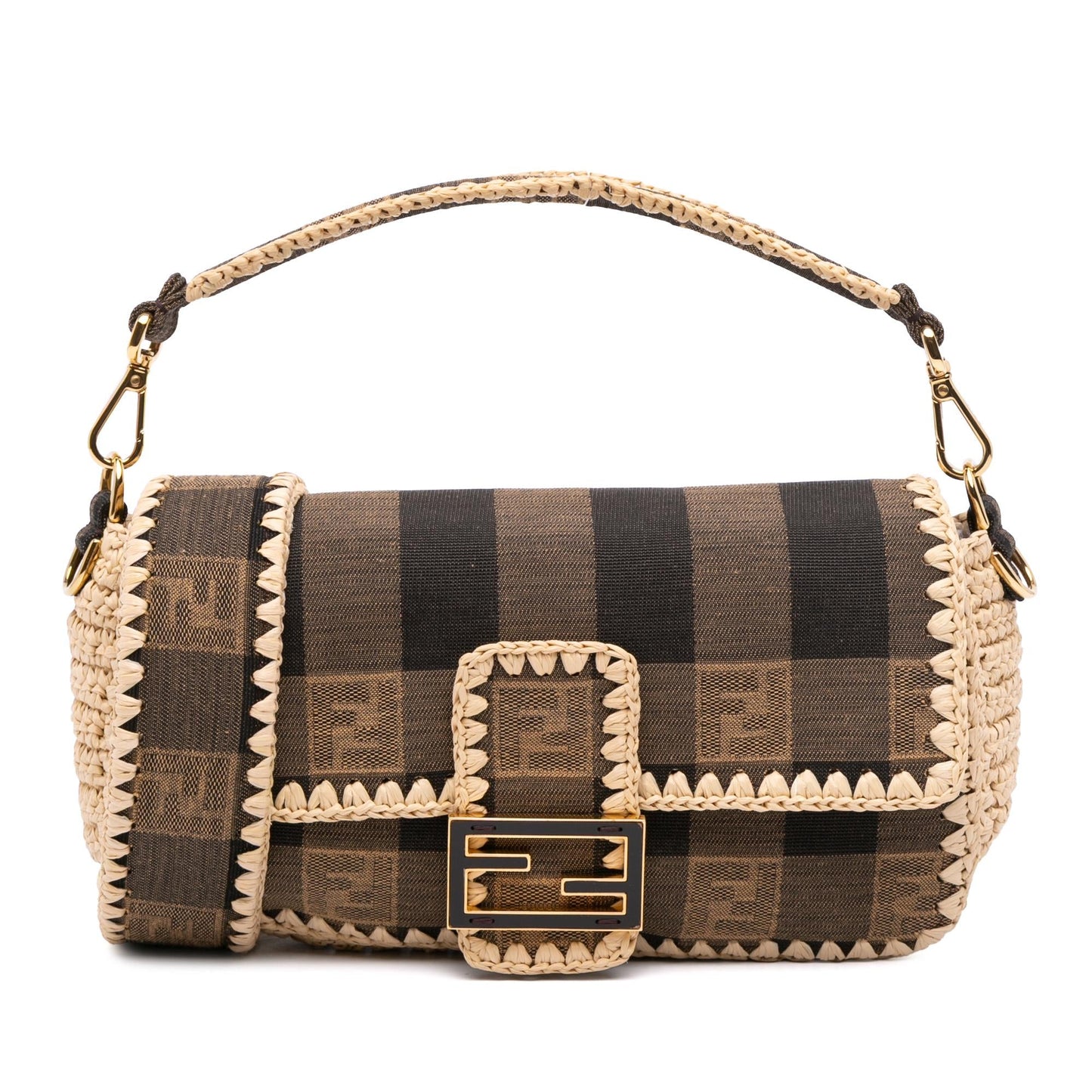 Fendi Pequin Gingham And Baguette Satchel Canvas Raffia Satchel Bag