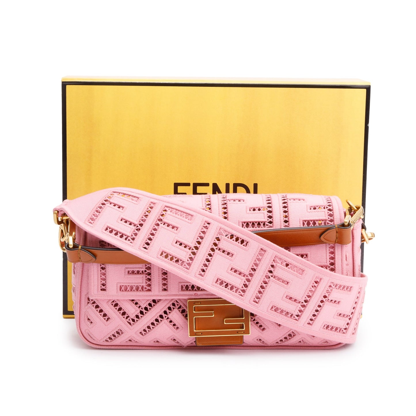 Fendi Ff Openwork Embroidered Medium Baguette Shoulder Bag Canvas