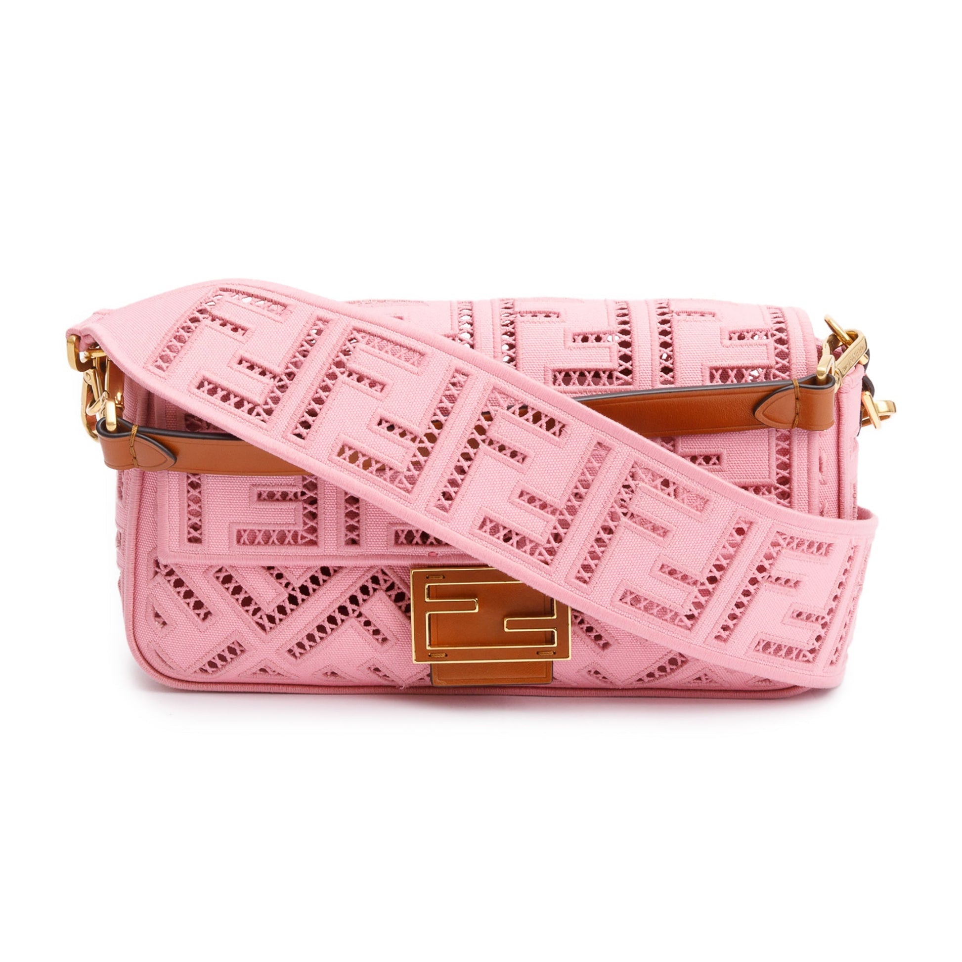 Fendi Ff Openwork Embroidered Medium Baguette Shoulder Bag Canvas