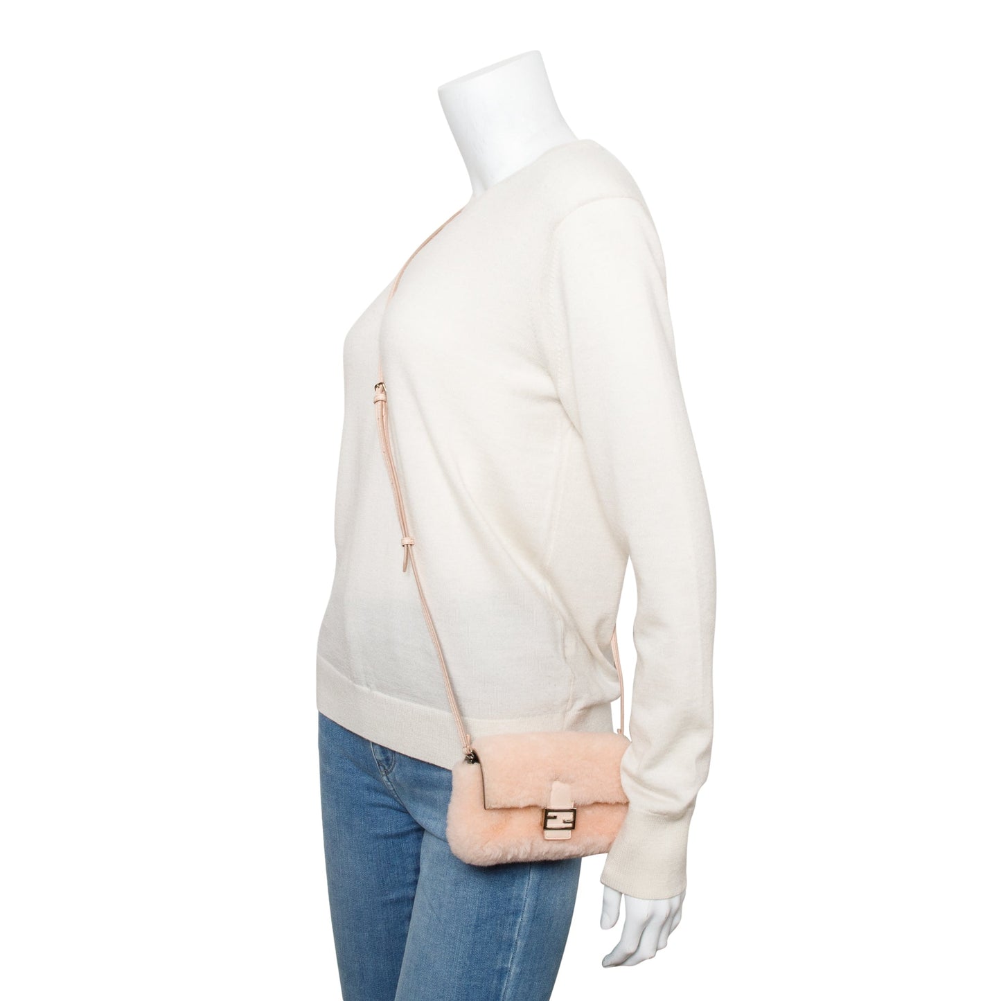 Fendi Shearling Micro Baguette Crossbody Bag Pink