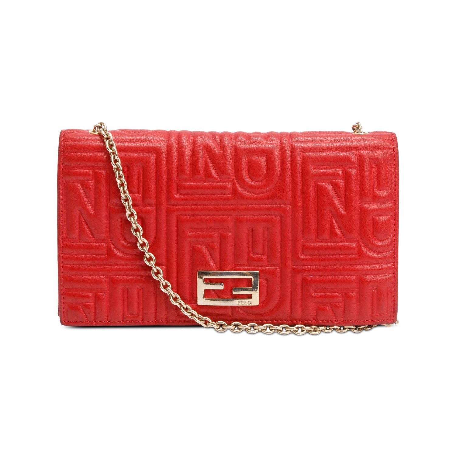 Fendi Logo Embossed Nappa Clutch Bag Leather Red