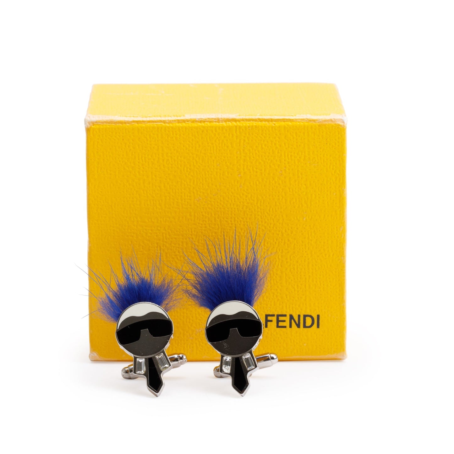 Fendi Metal Fox Fur Karlito Cufflinks Travel Bag Blue Silver