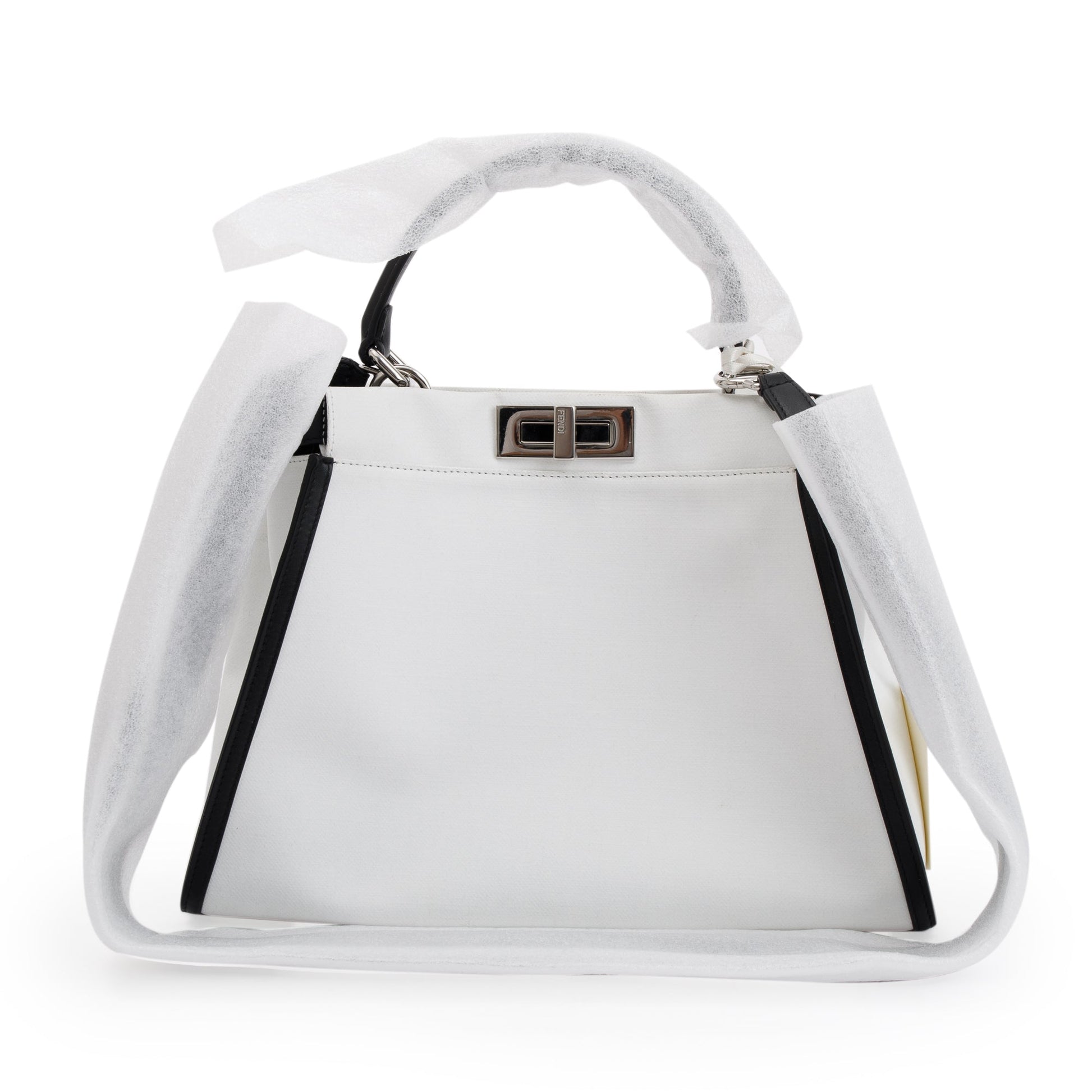 Fendi White Calf Medium Peekaboo Bag Leather Canvas Travel Bag
