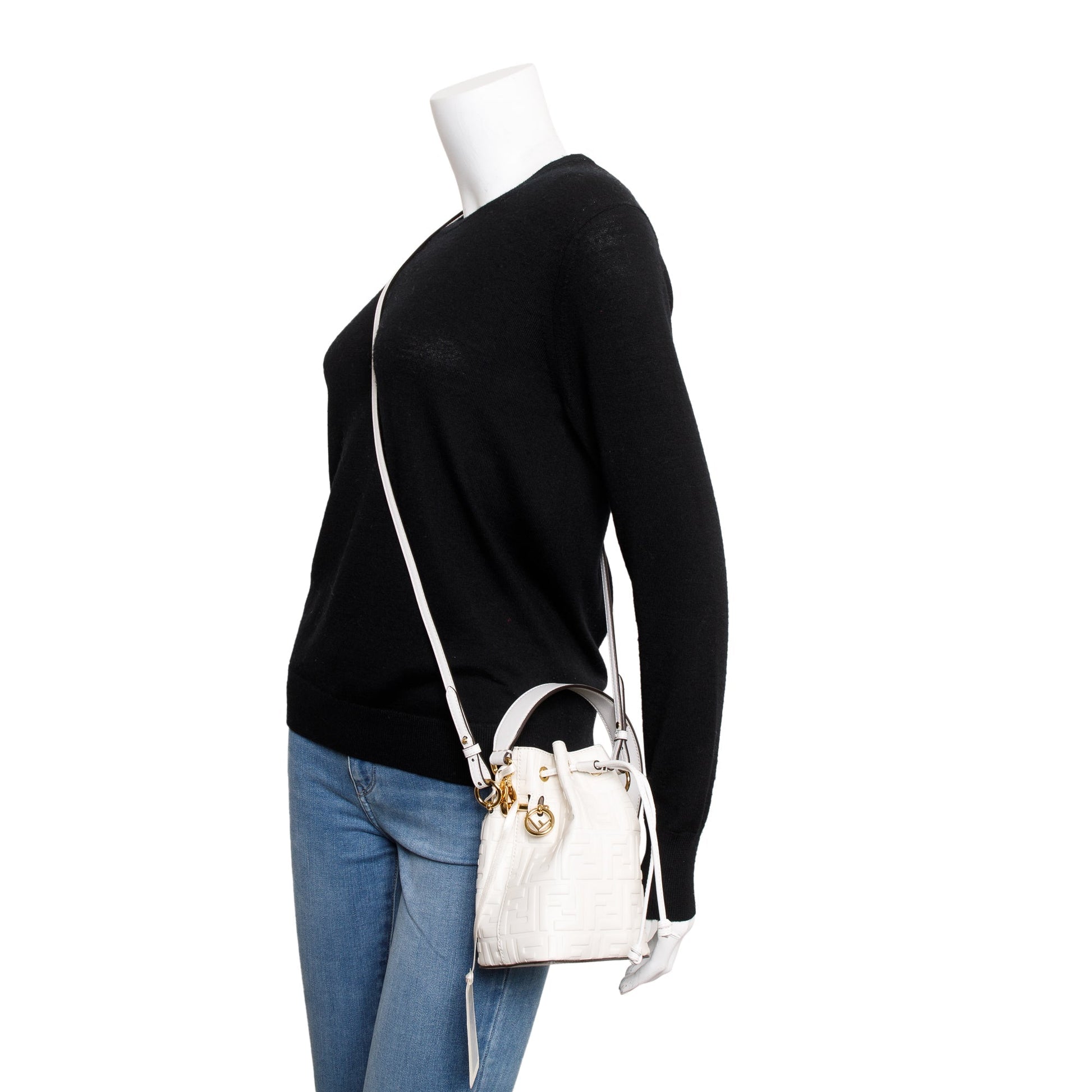 Fendi Ff Embossed Calfskin Mon Tresor Bucket Bag Leather White