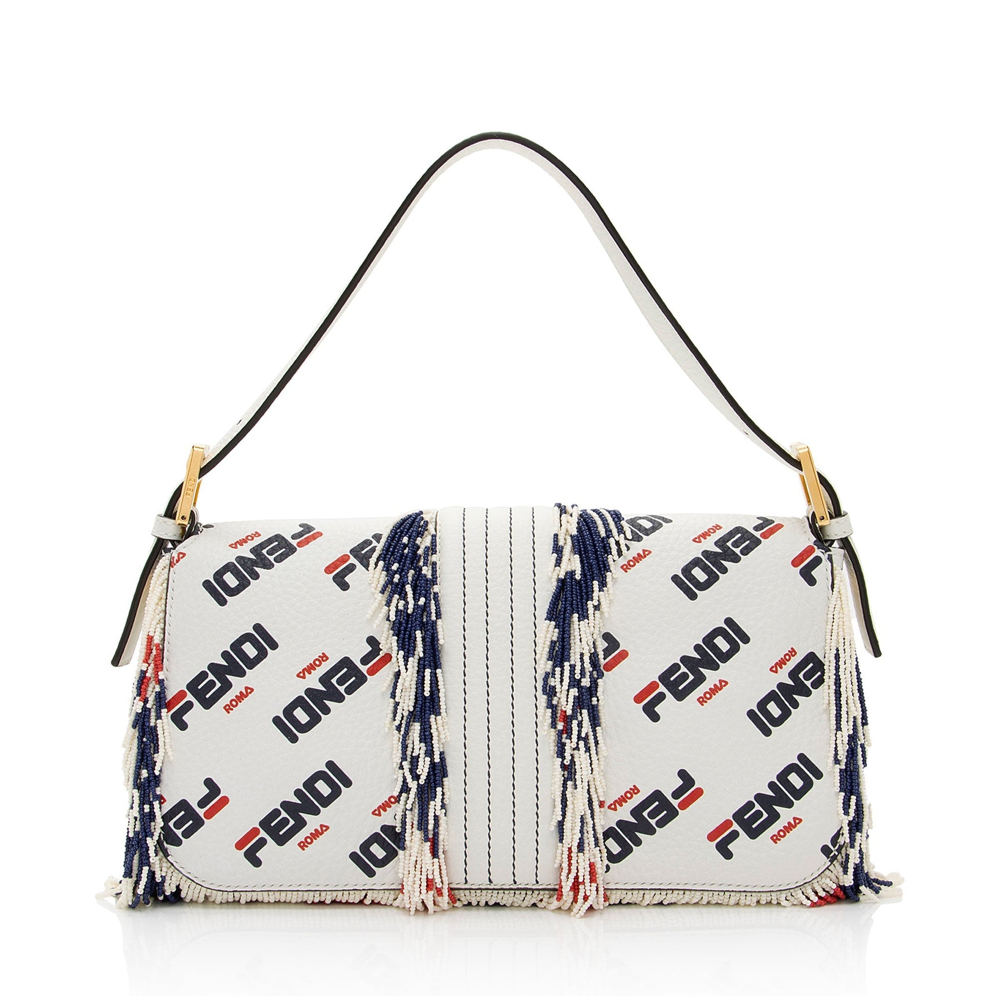 Fendi Fila Mania Calfskin Beaded Baguette Shoulder Bag Shf