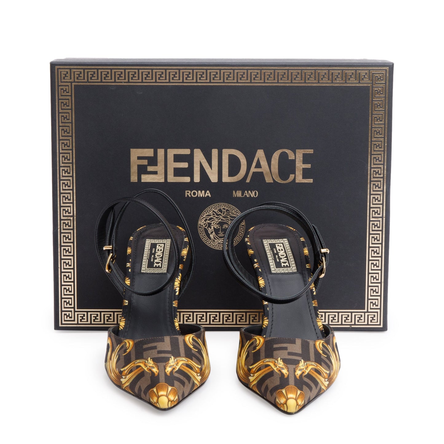 Fendi Versace Printed Fendace Slingback Pumps Size Travel Canvas Brown Shoes