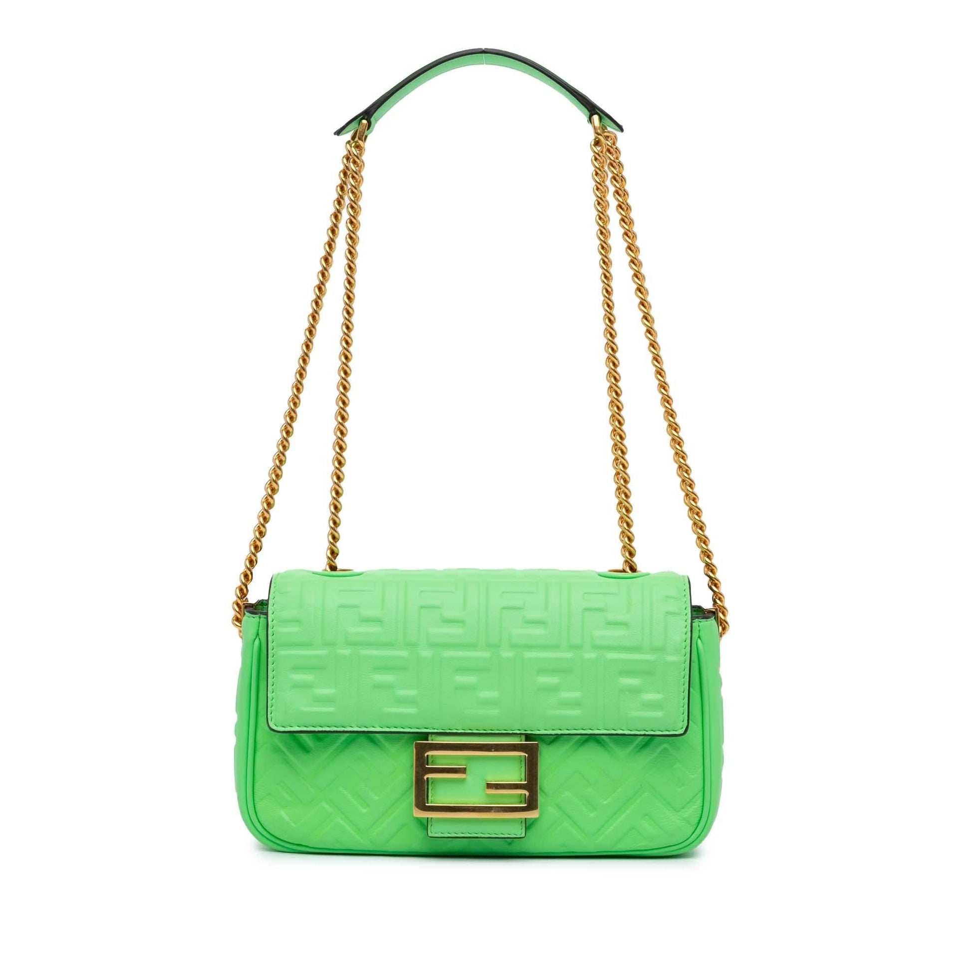 Fendi Zucca Midi Baguette Shoulder Bag Leather Chain Embossed Chain Midi Baguette
