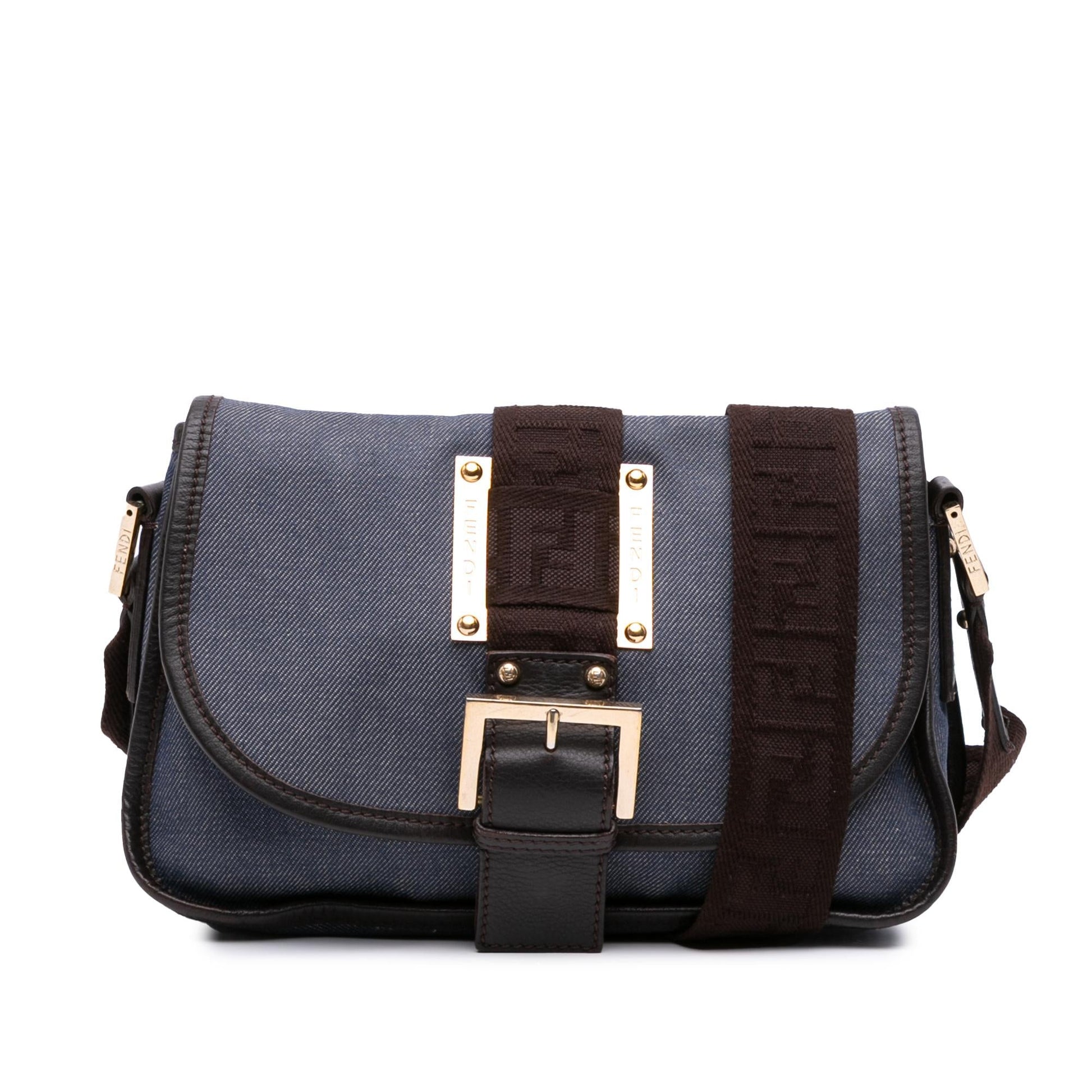Fendi Zucca Trimmed Buckle Bag Denim Flap Crossbody Bag