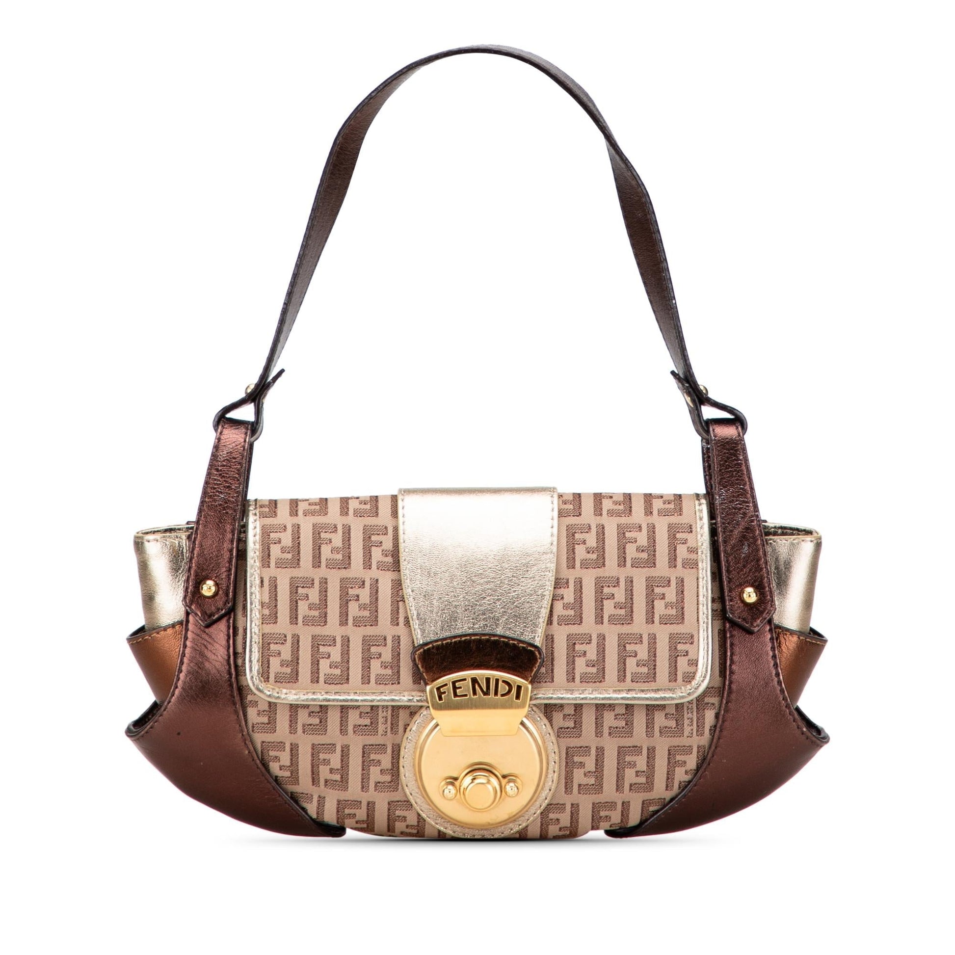 Fendi Zucchino And Metallic Compilation Shoulder Bag Leather Canvas