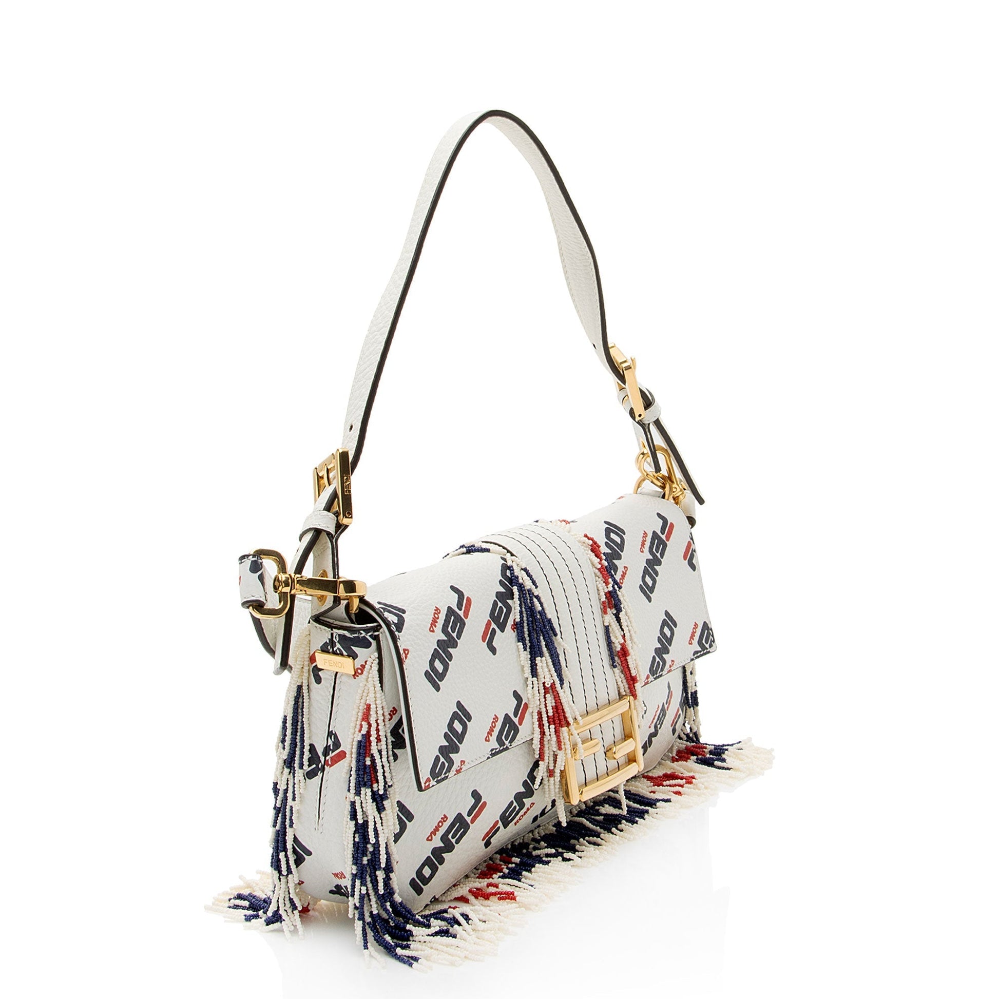 Fendi Fila Calfskin Mania Beaded Fringe Baguette Shoulder Bag