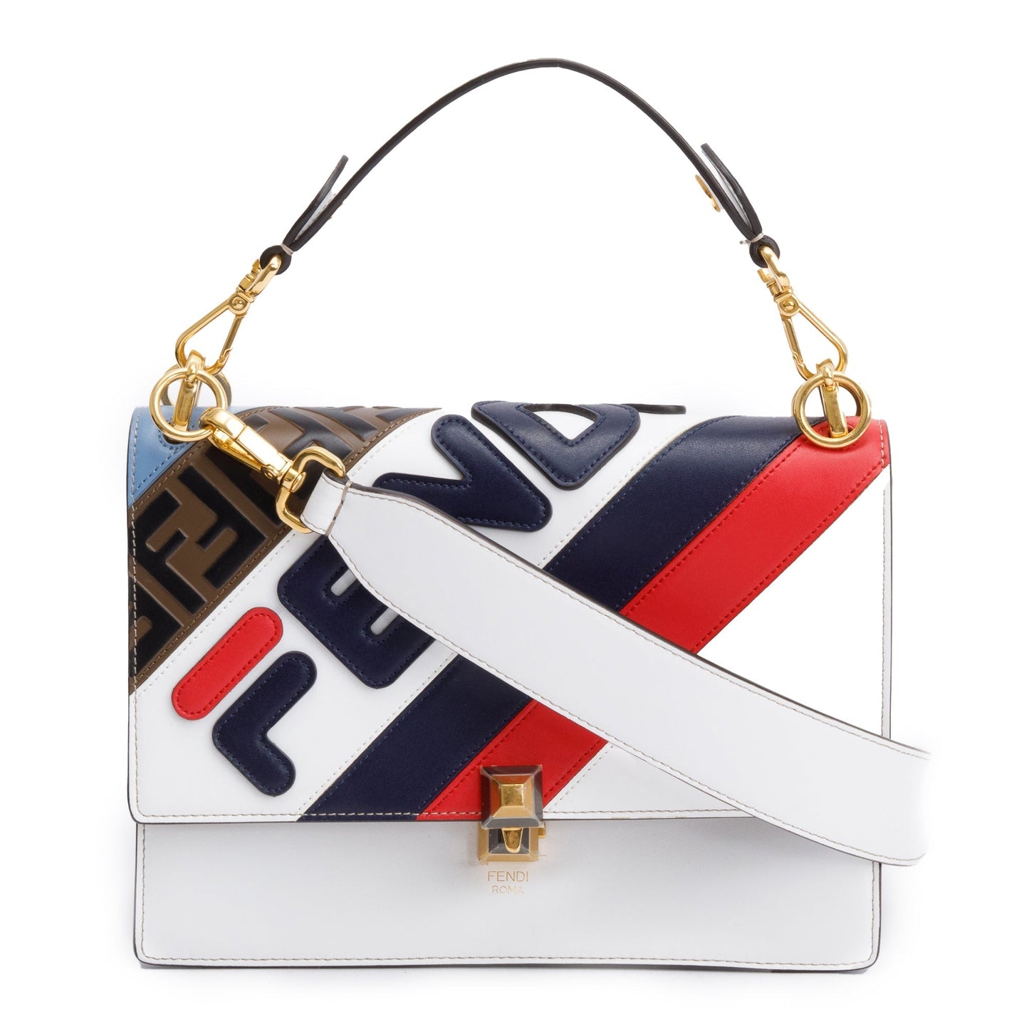 Fendi Fila Multicolor Calfskin Mania Kan Shoulder Bag Leather White