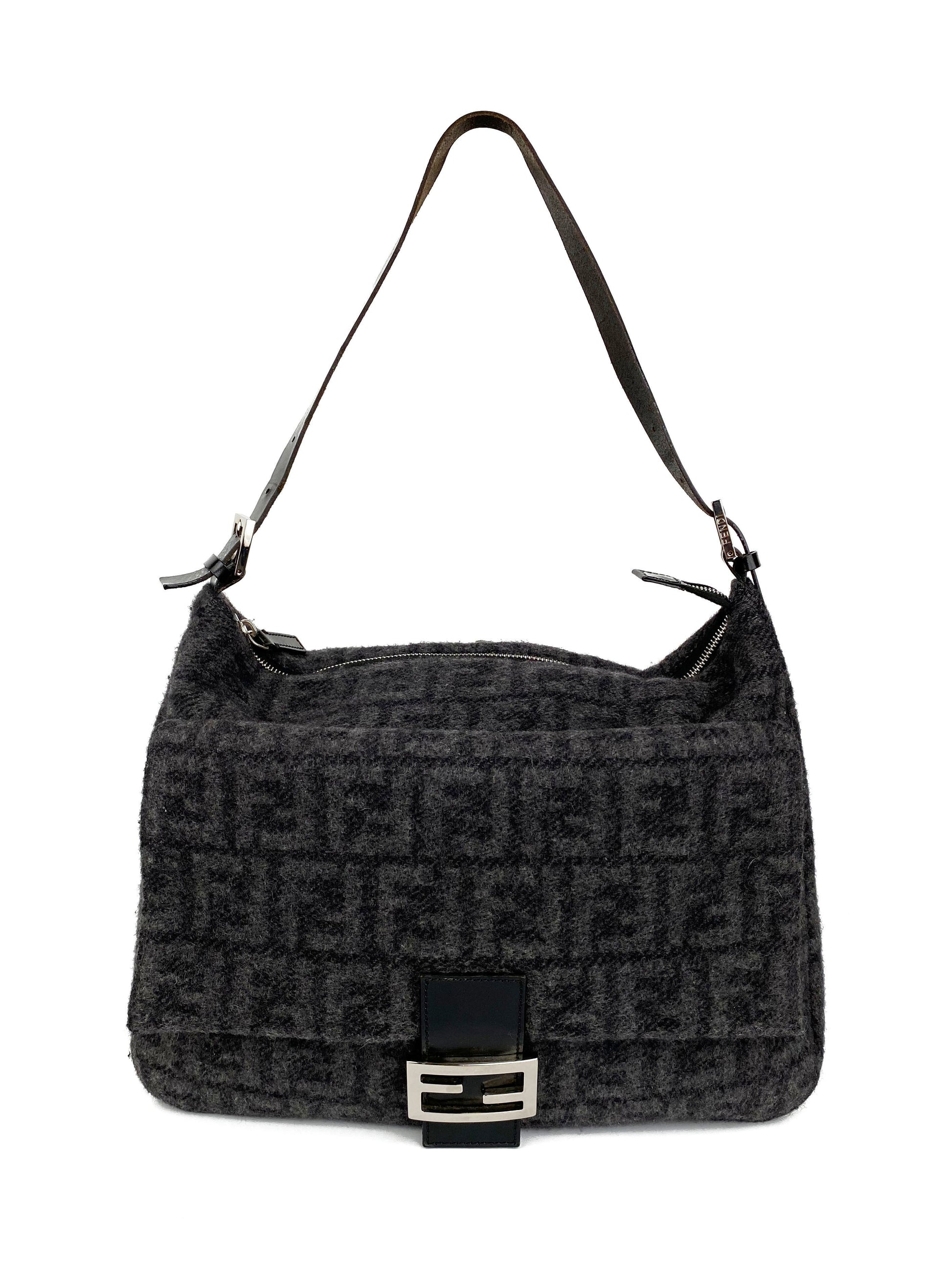 Fendi Handbag Wool Baguette Bag Black Shoulder Bag