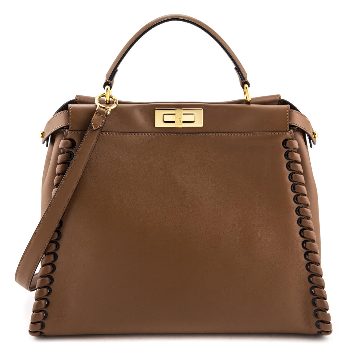 Fendi Handbag Whipstitched Peekaboo Leather Brown Large