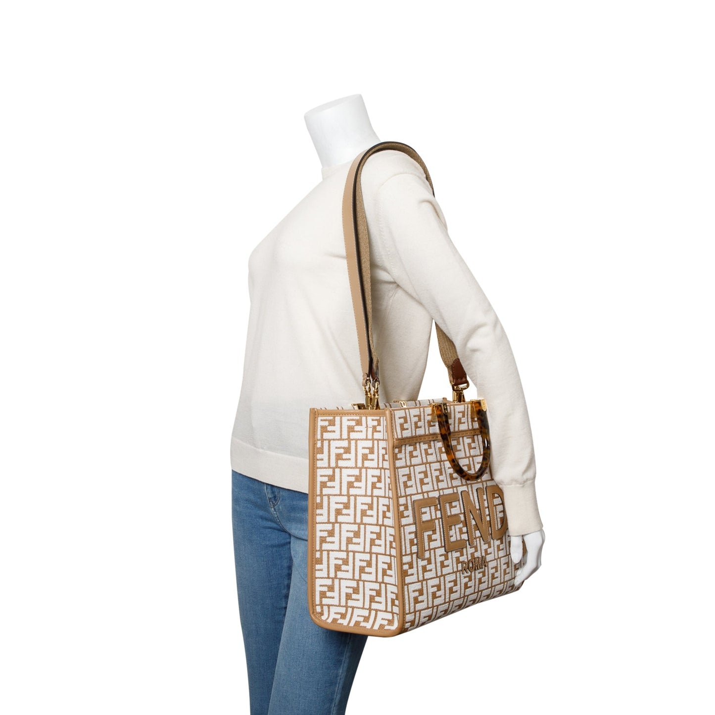 Fendi Zucca Ff Sunshine Tote Bag Raffia Beige