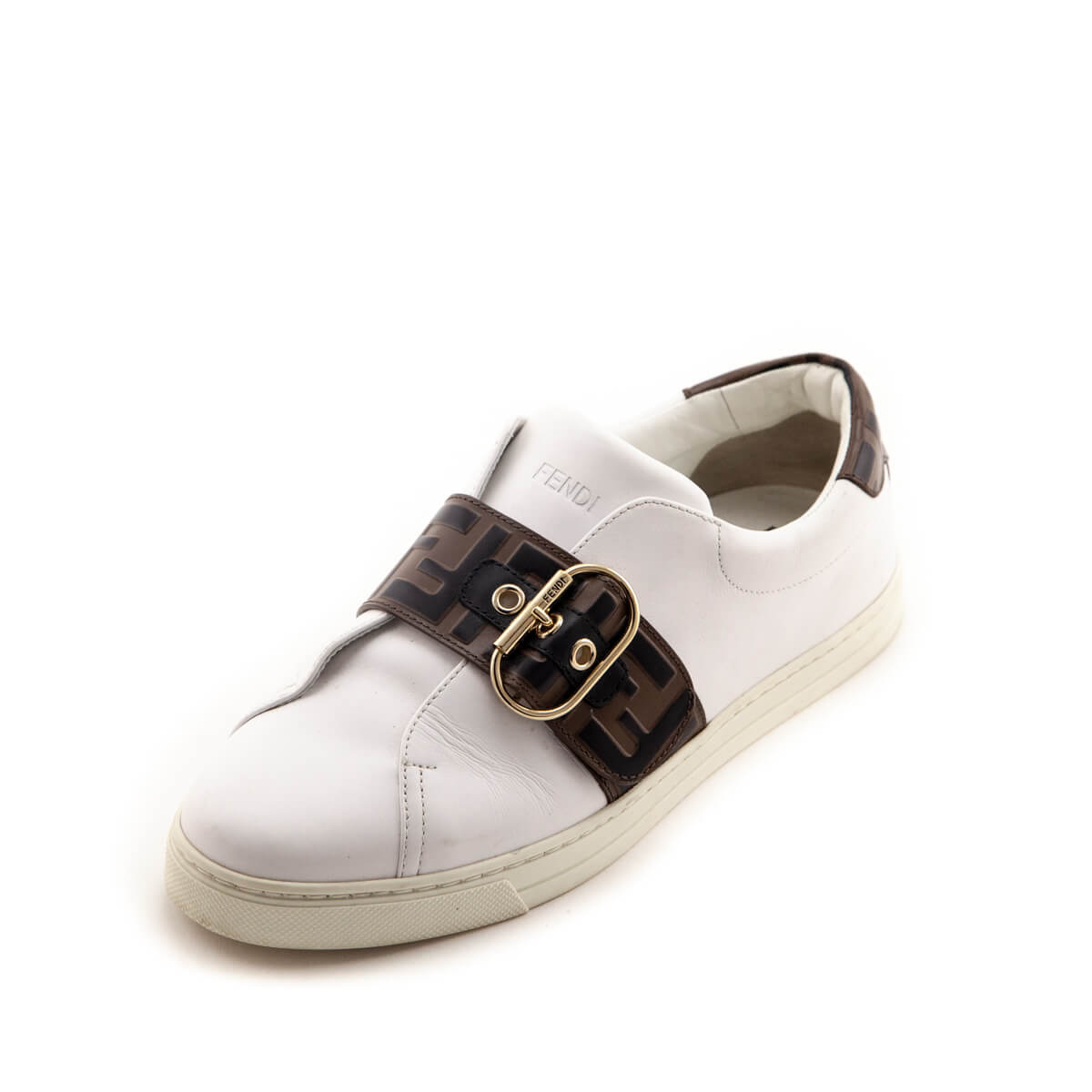 Fendi Shoe Signature Zucca Buckled Low Top Sneakers Leather White Shoes