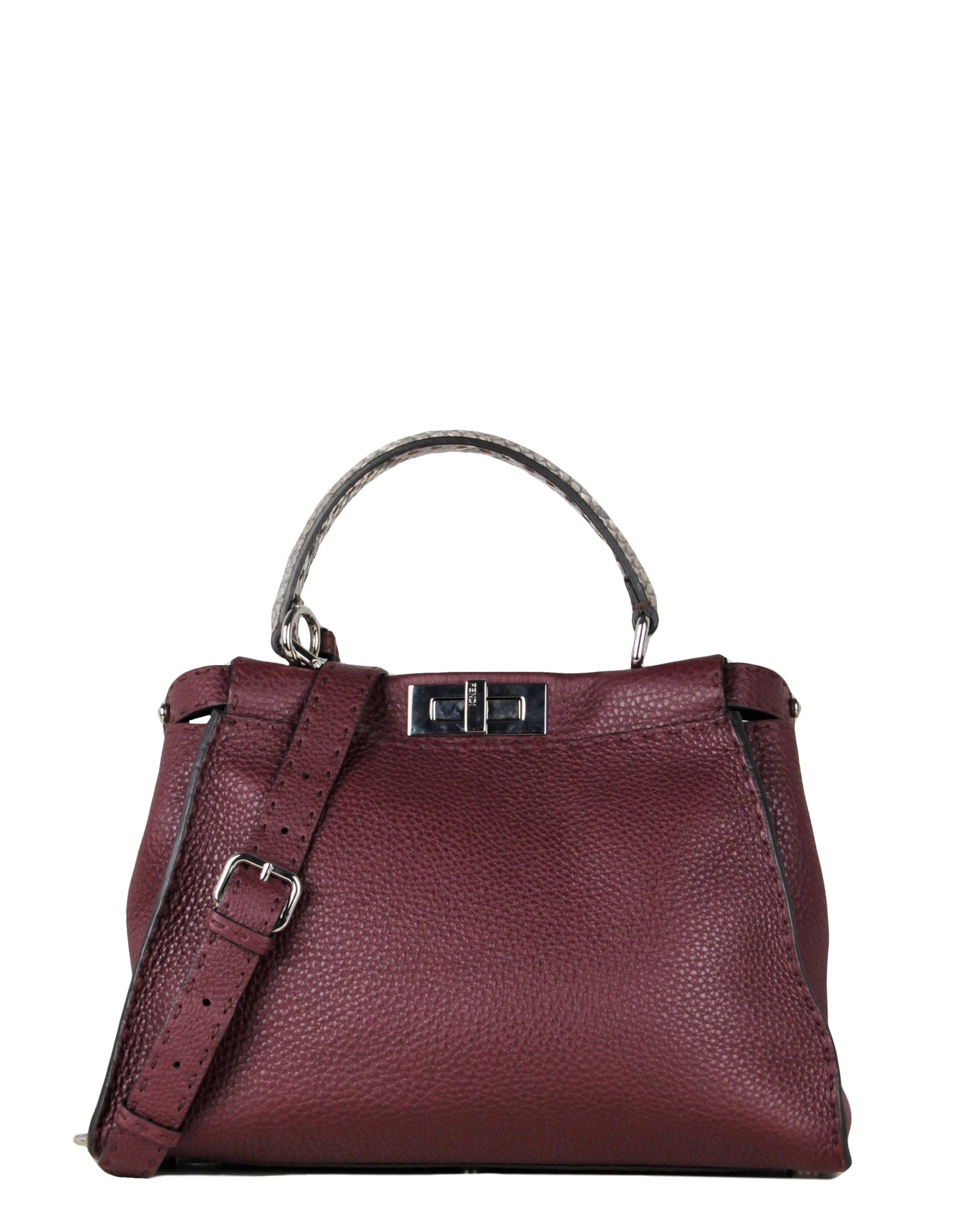 Fendi Handbag Bordeaux Selleria Peekaboo Satchel Bag w Snakeskin Leather Medium