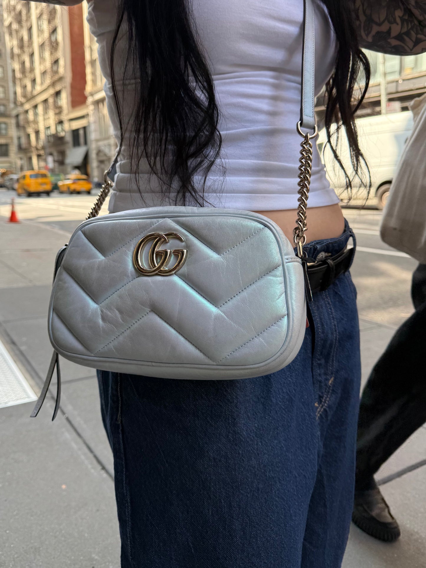 Gucci Marmont Blue Iridescent Chain Crossbody